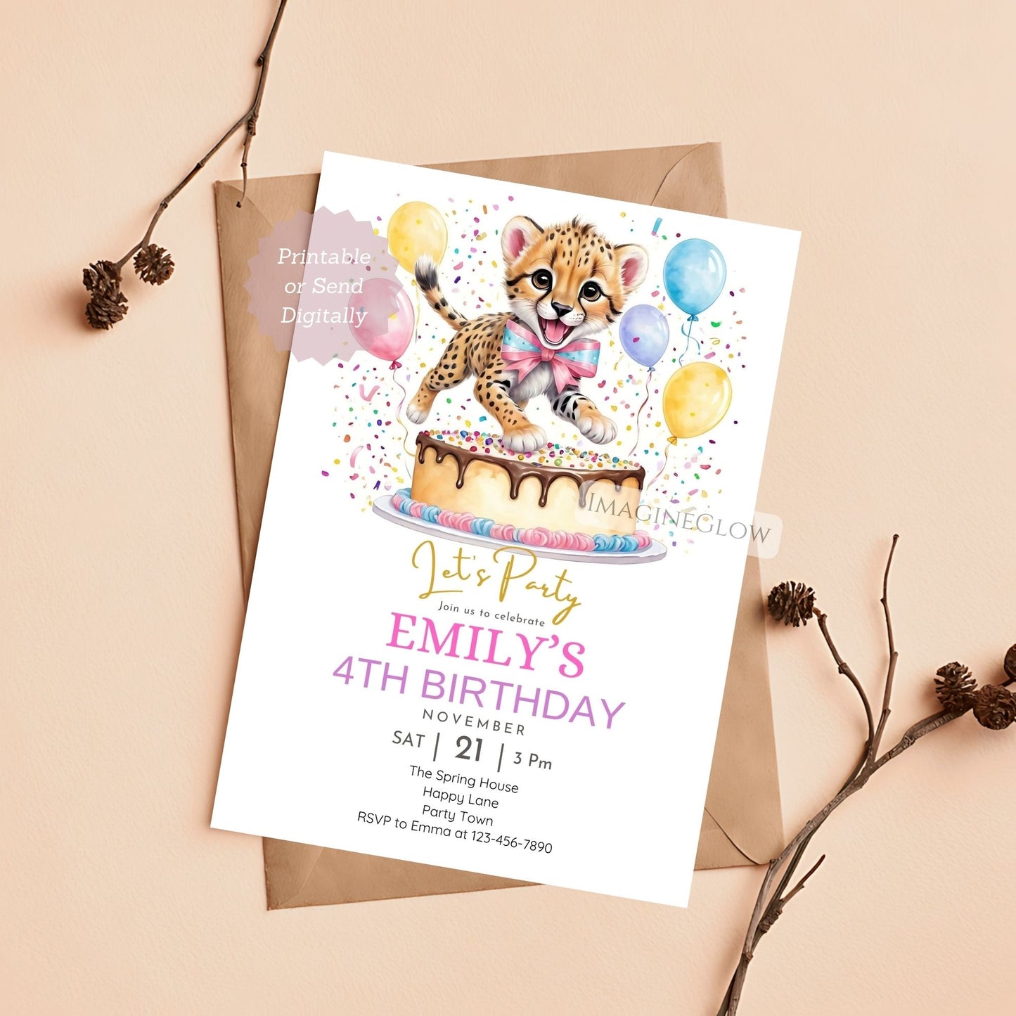 Editable digital cheetah birthday invitation