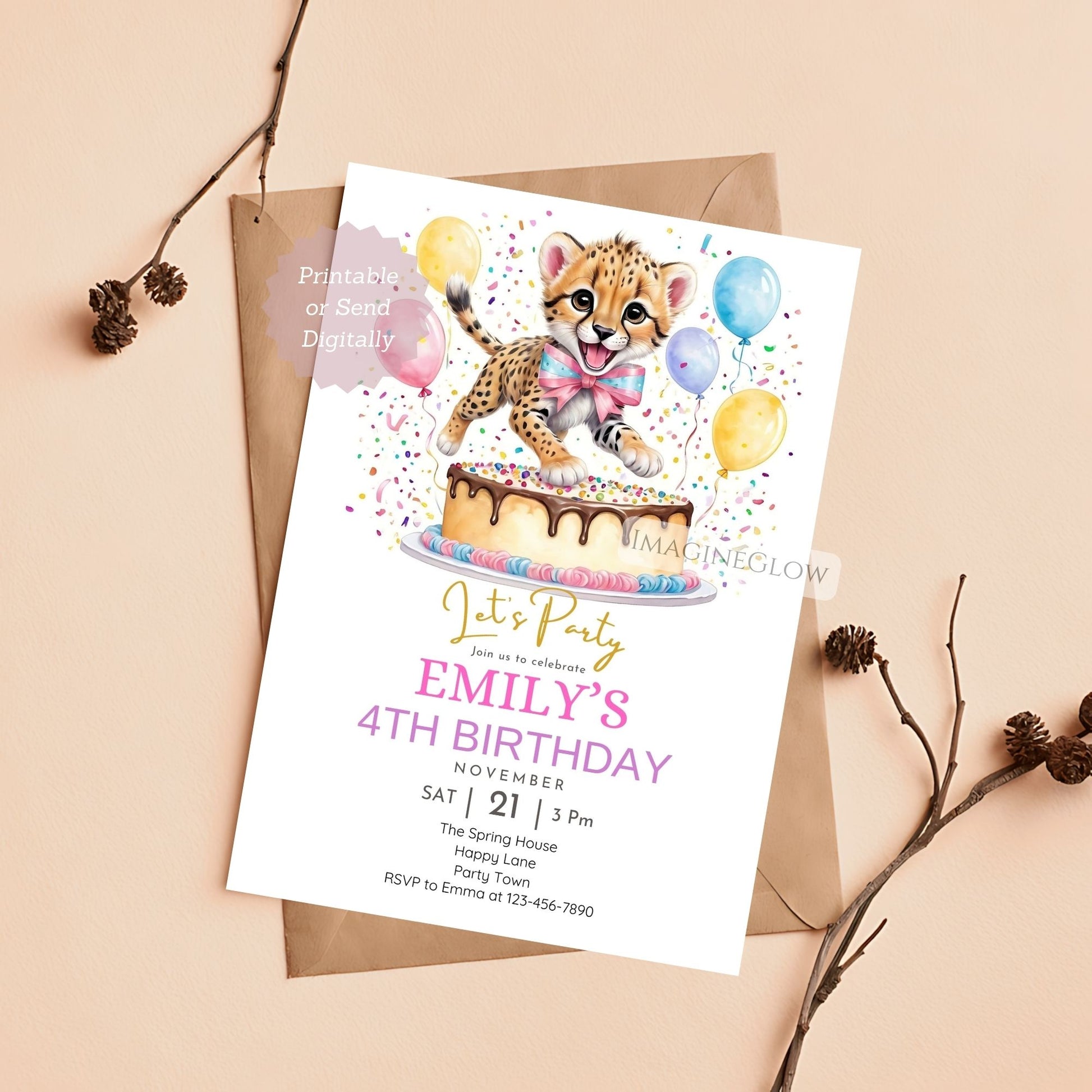 Editable digital cheetah birthday invitation