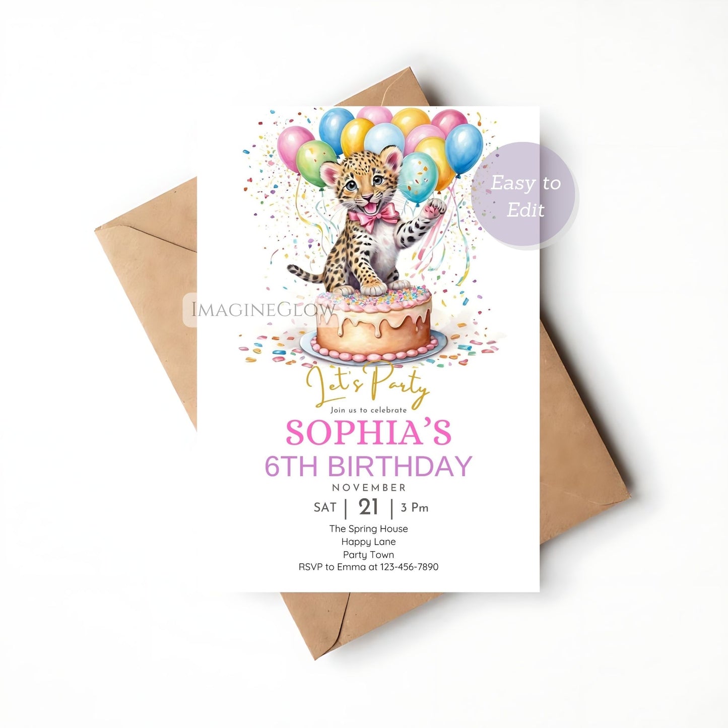 Editable leopard birthday invite with jungle safari theme