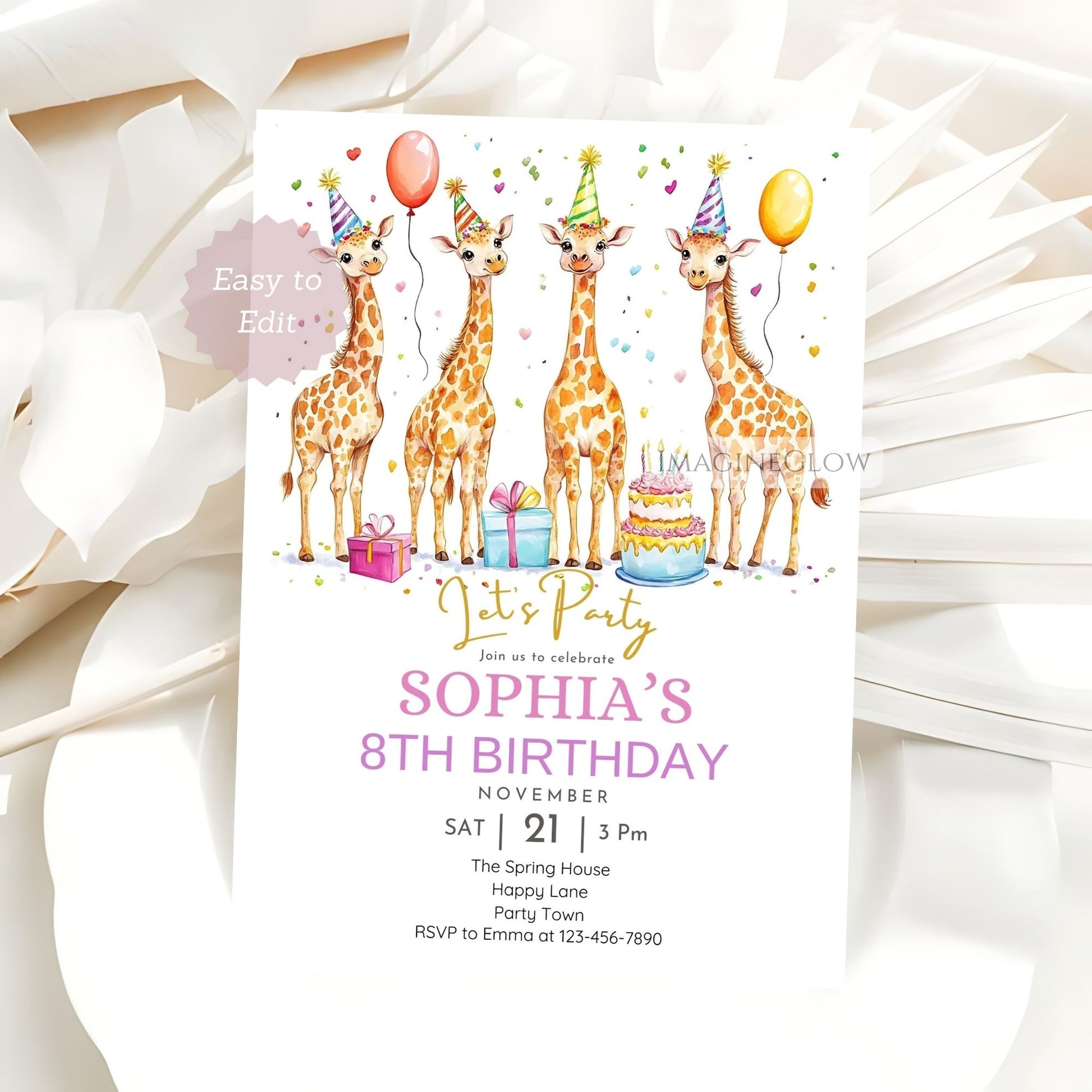 Editable giraffe invitation template for jungle party