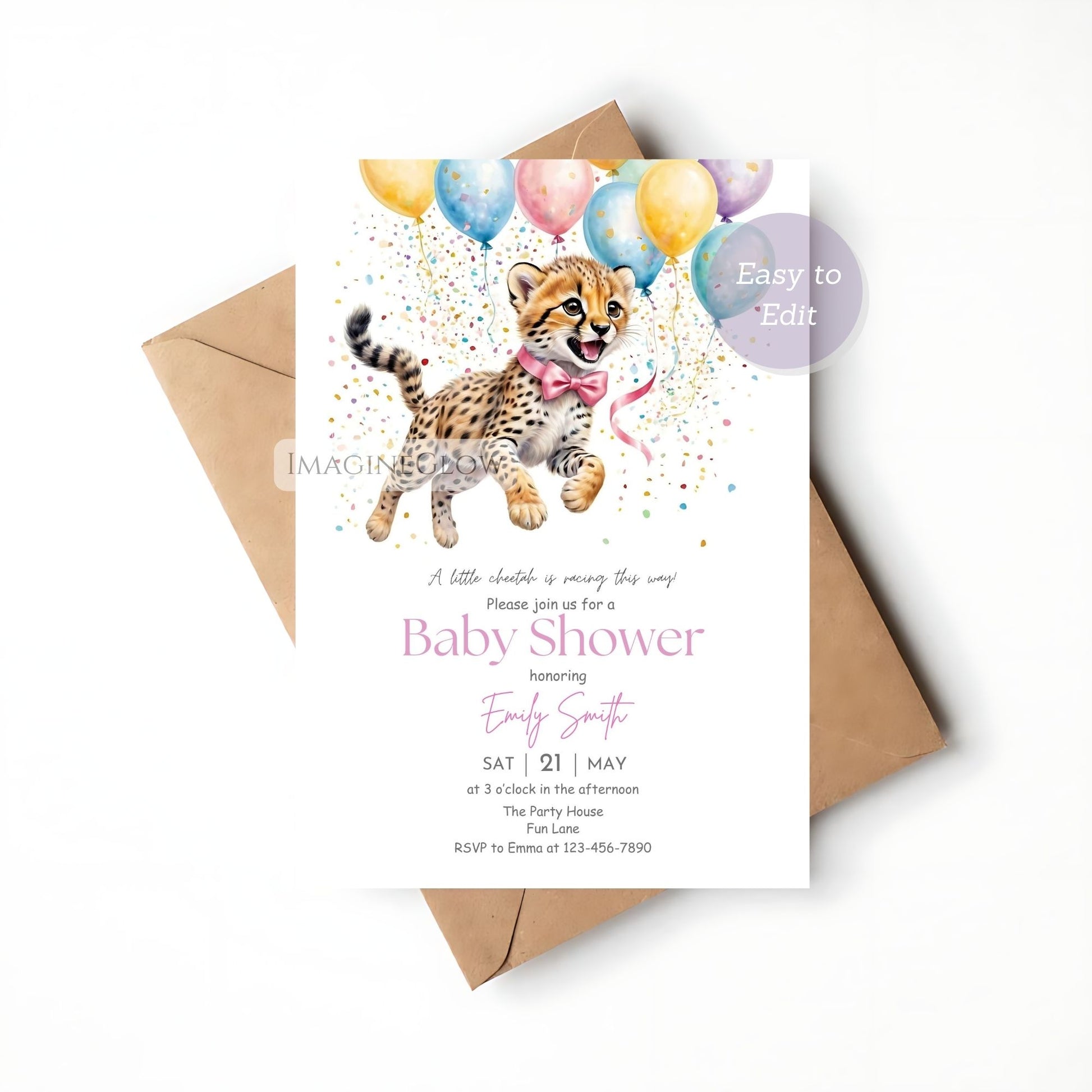 Editable pink cheetah baby shower invite