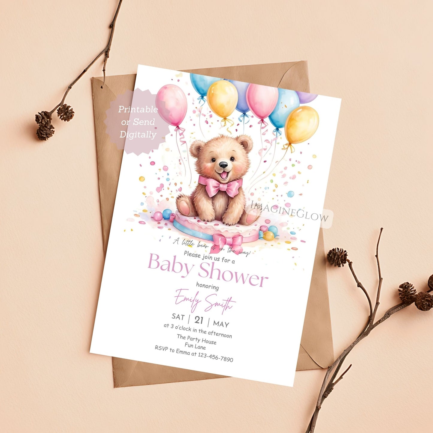 Woodland baby girl shower invitation with bear