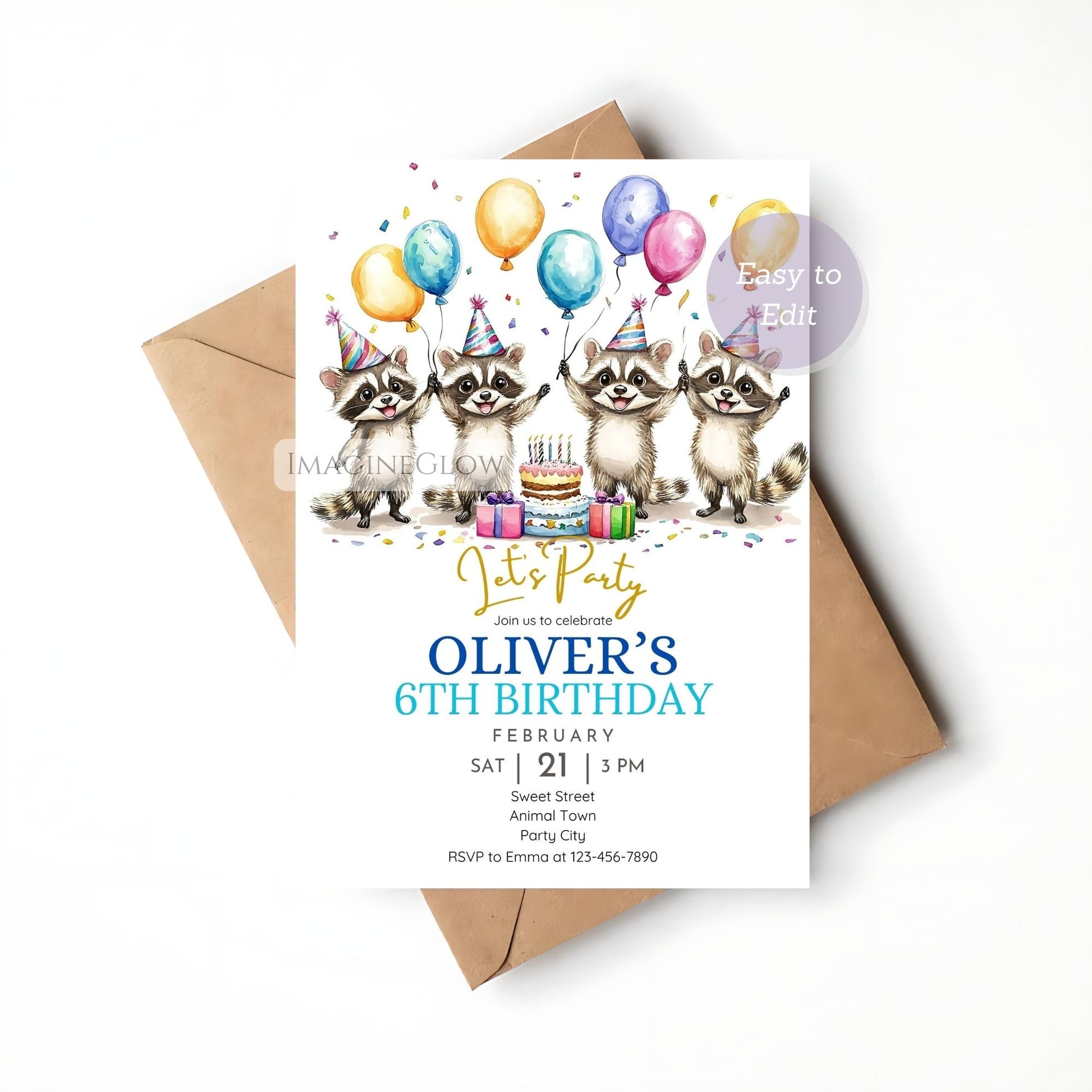 Forest raccoon party invitation editable