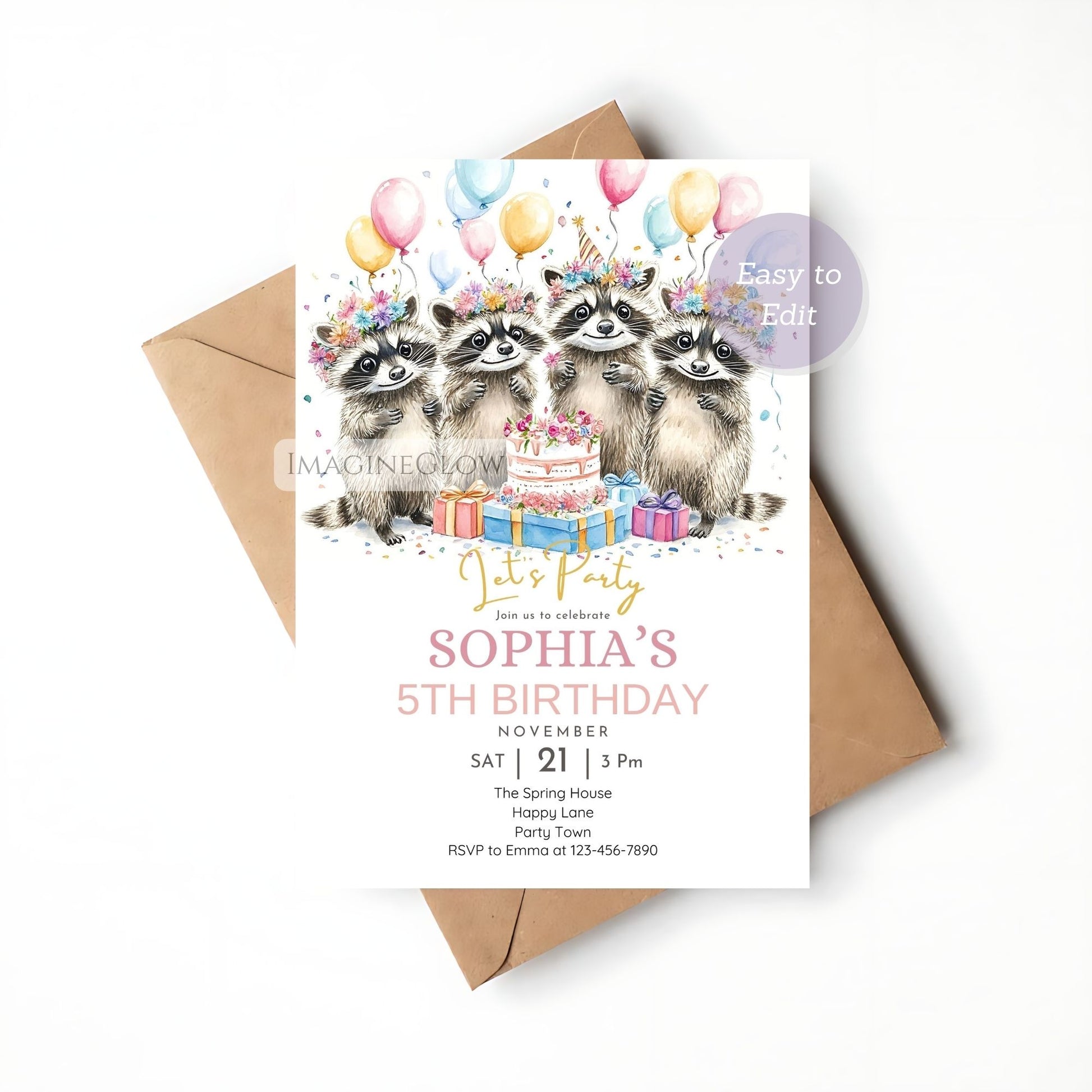 Raccoon themed birthday invitation editable