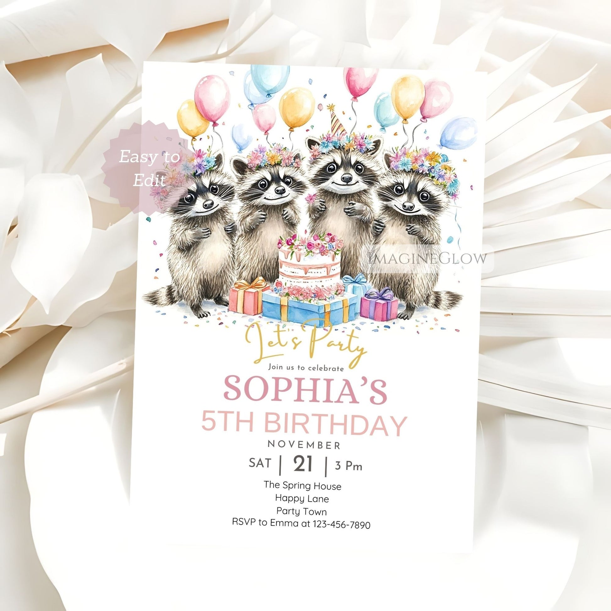 Forest birthday invitation with raccoon
Raccoon celebration invite woodland decor