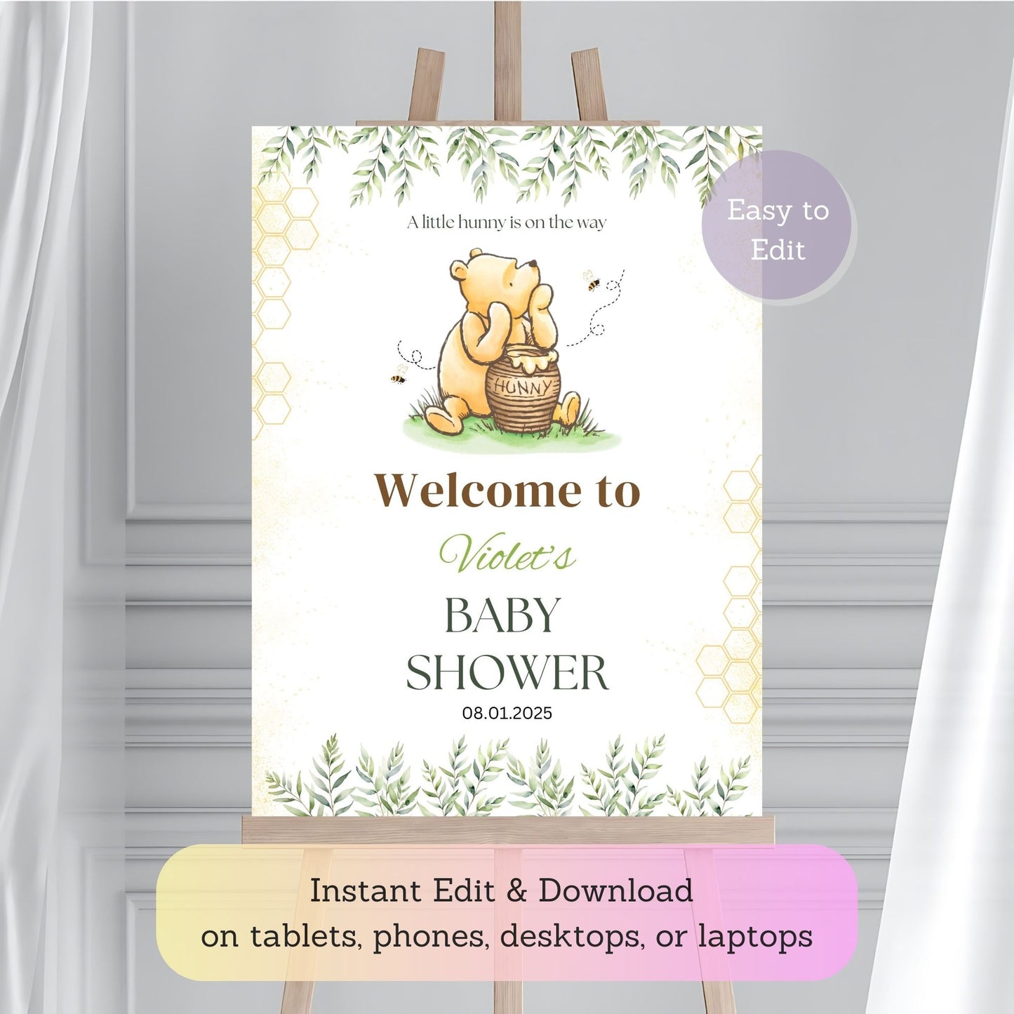Classic Winnie the Pooh-inspired baby shower poster.