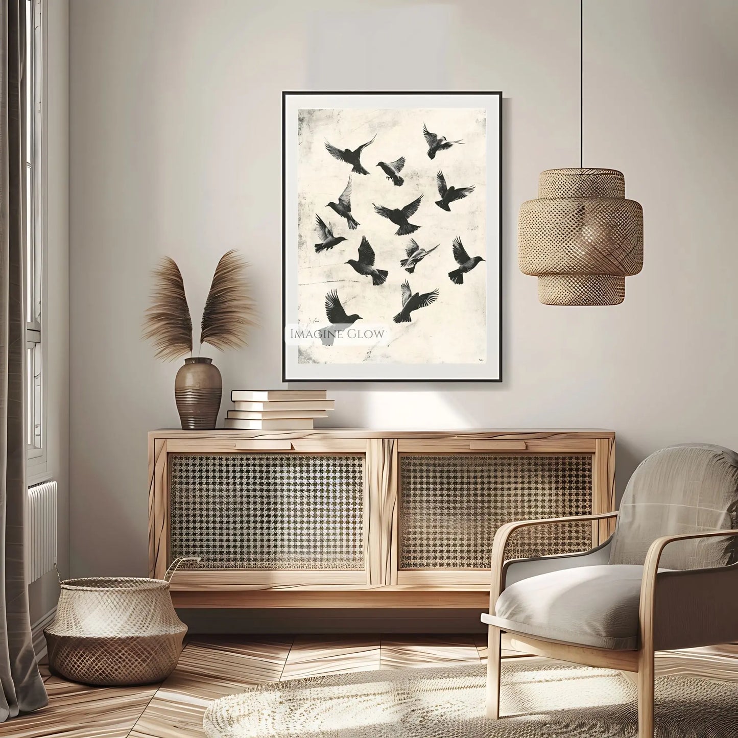 Minimalist bird flight art print with vintage charm.