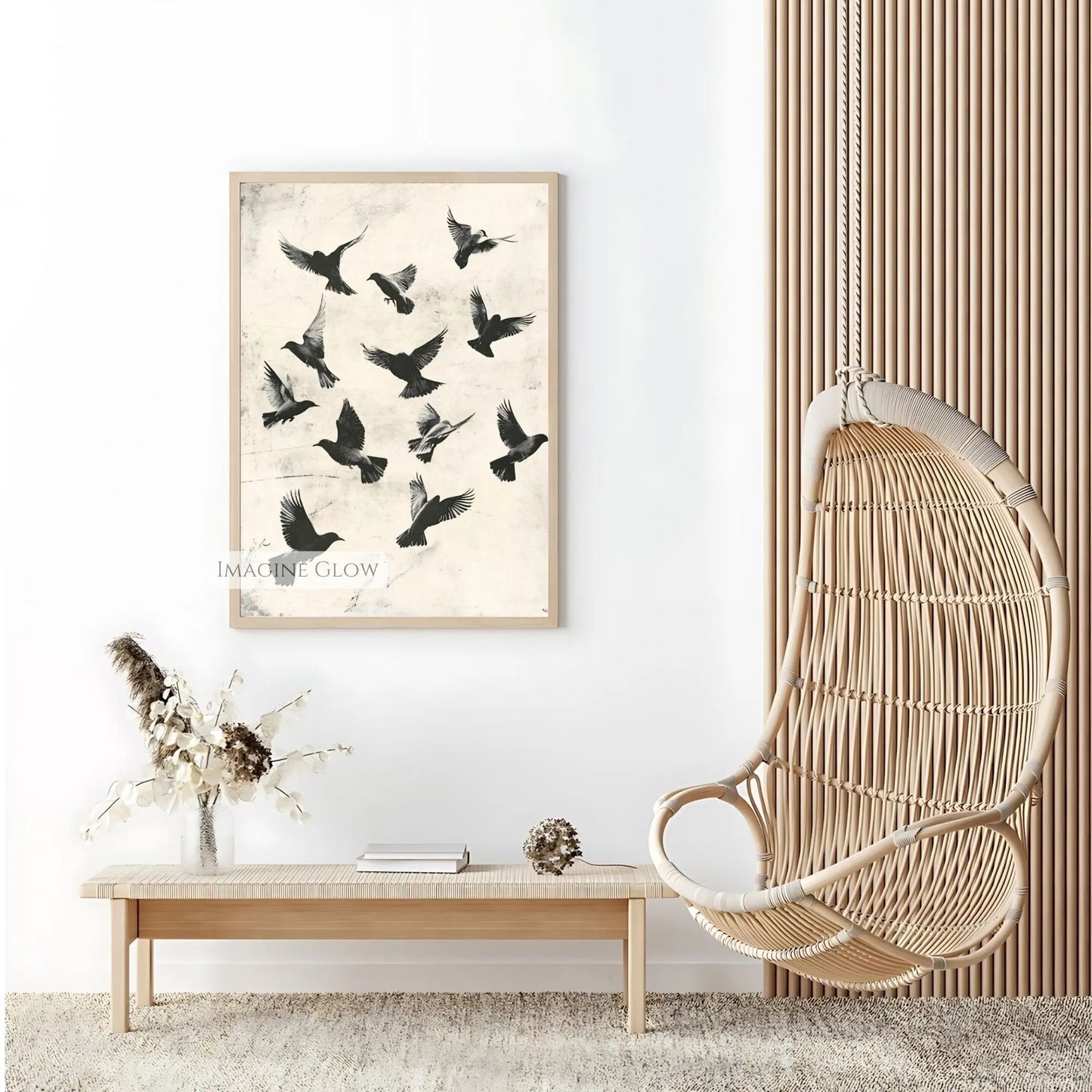 Antique bird migration scene abstract artwork for walls.