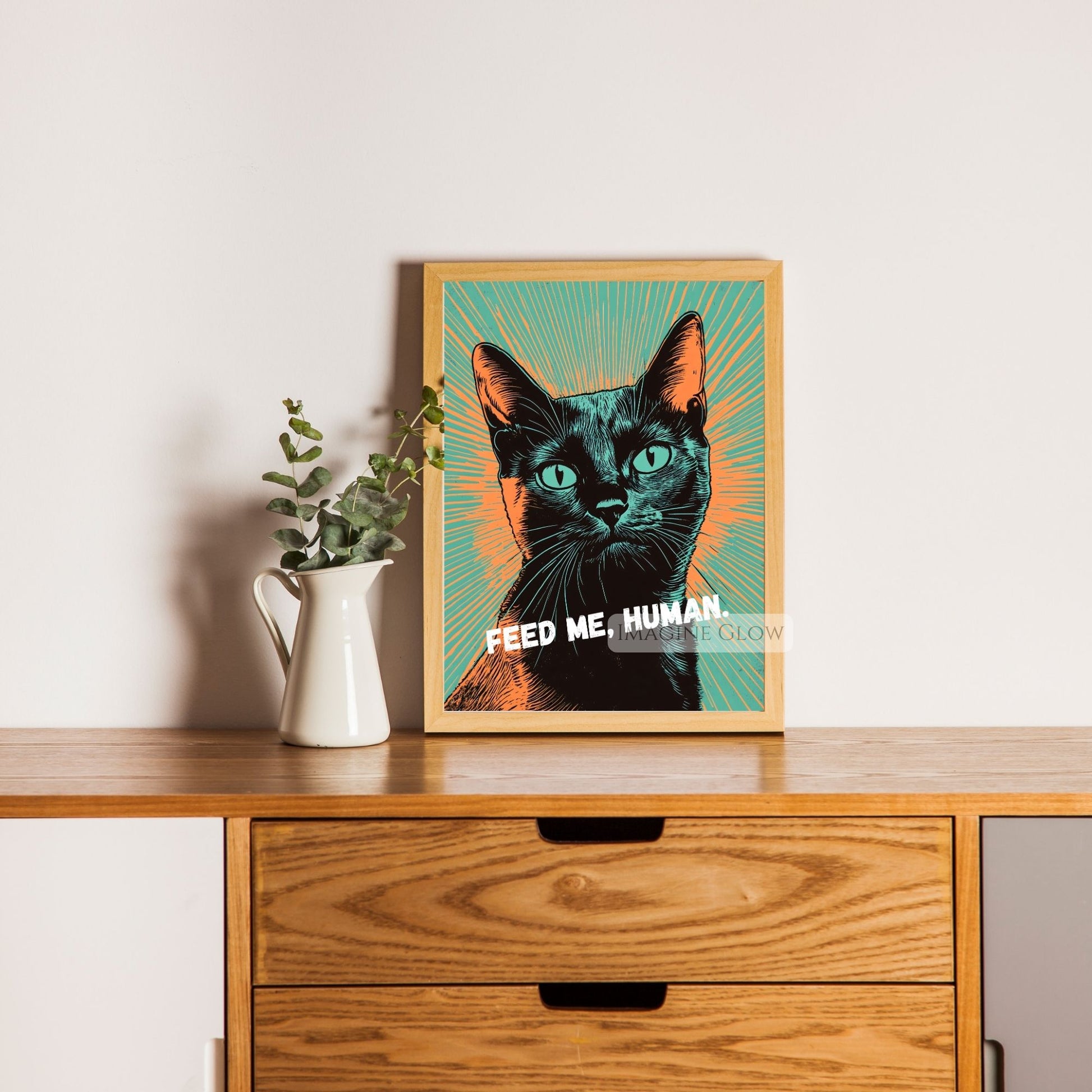 Abstract pop art black cat art with text "Feed Me, Human."