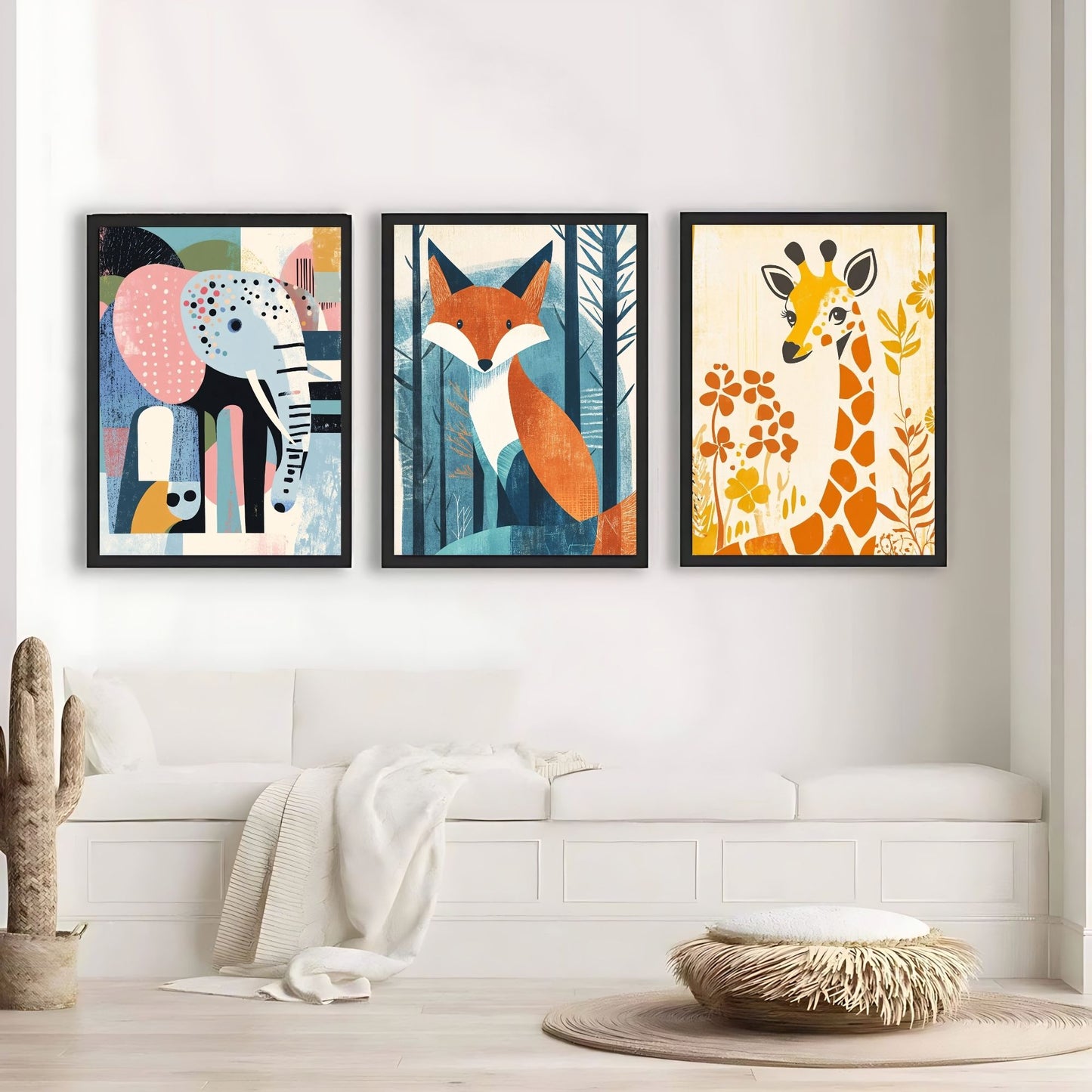 Abstract giraffe, elephant, and fox art in retro whimsical style.