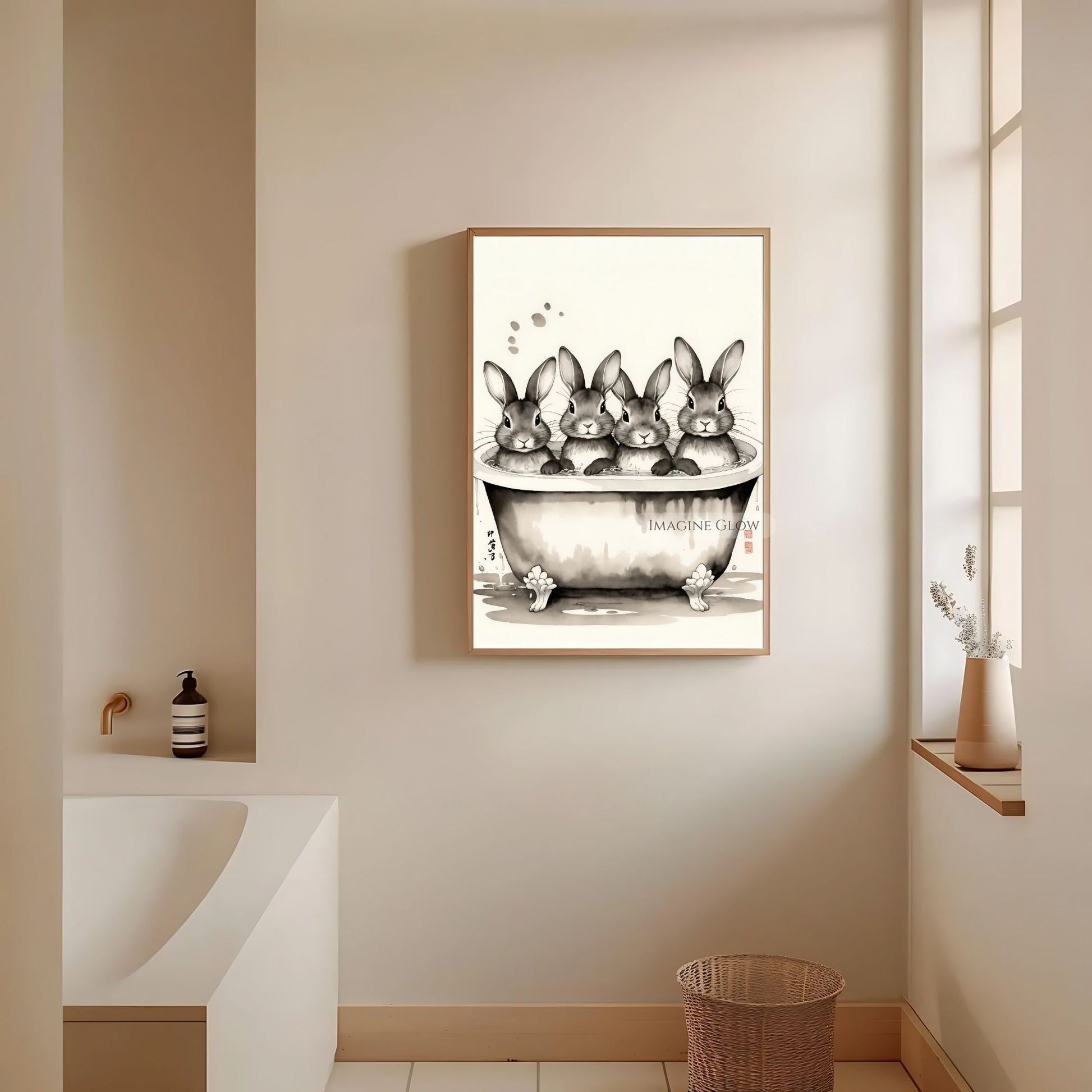 Black-and-white four bunnies soaking in a bathtub