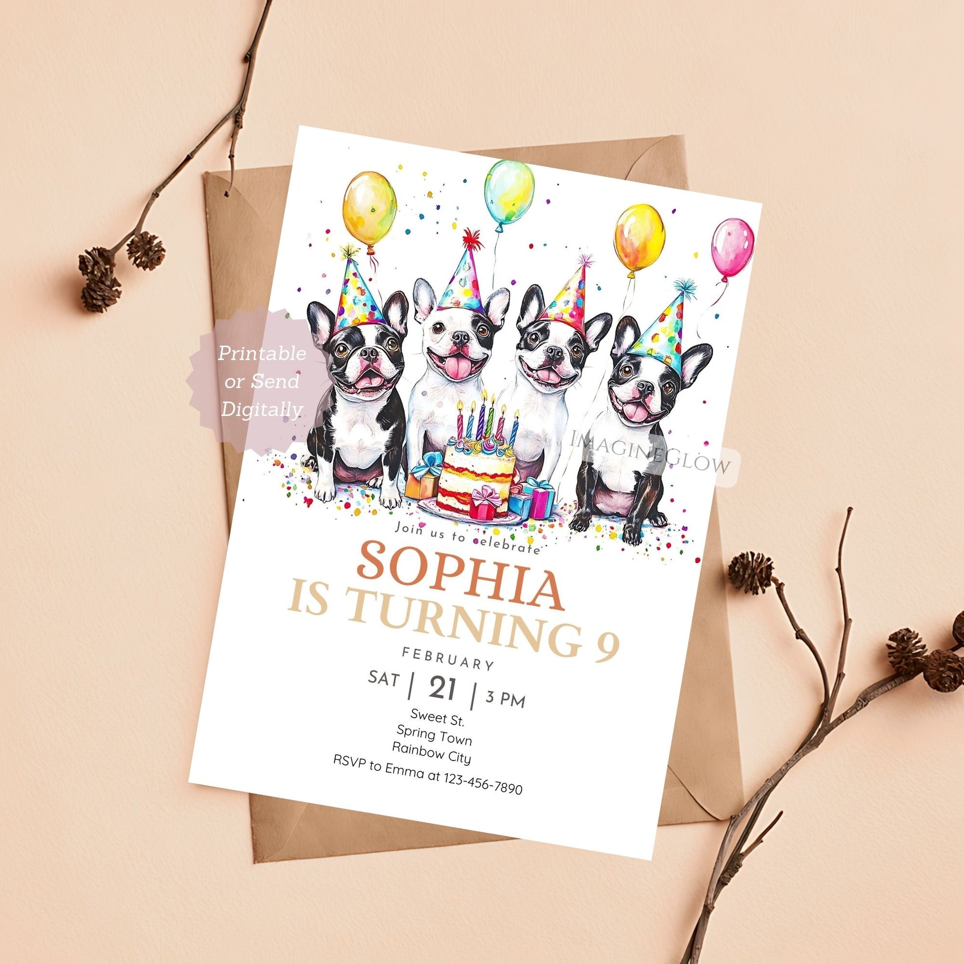 Cute Boston Terrier dog birthday invitation with playful design