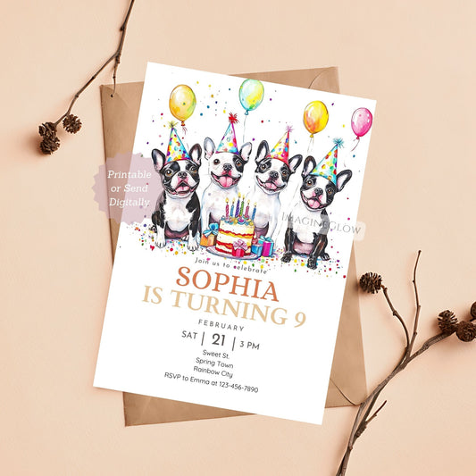 Cute Boston Terrier dog birthday invitation with playful design