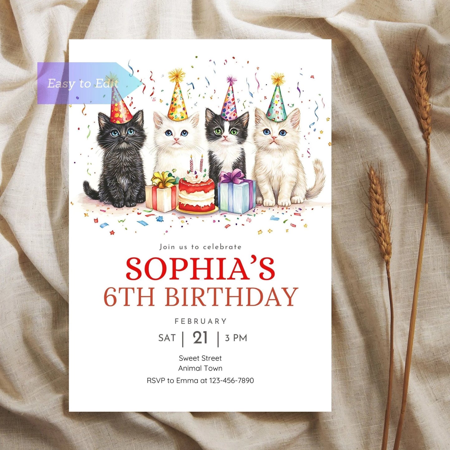 Editable kitty party card, perfect for cat-themed celebrations.
Printable cat invitation for a purr-fect birthday celebration.