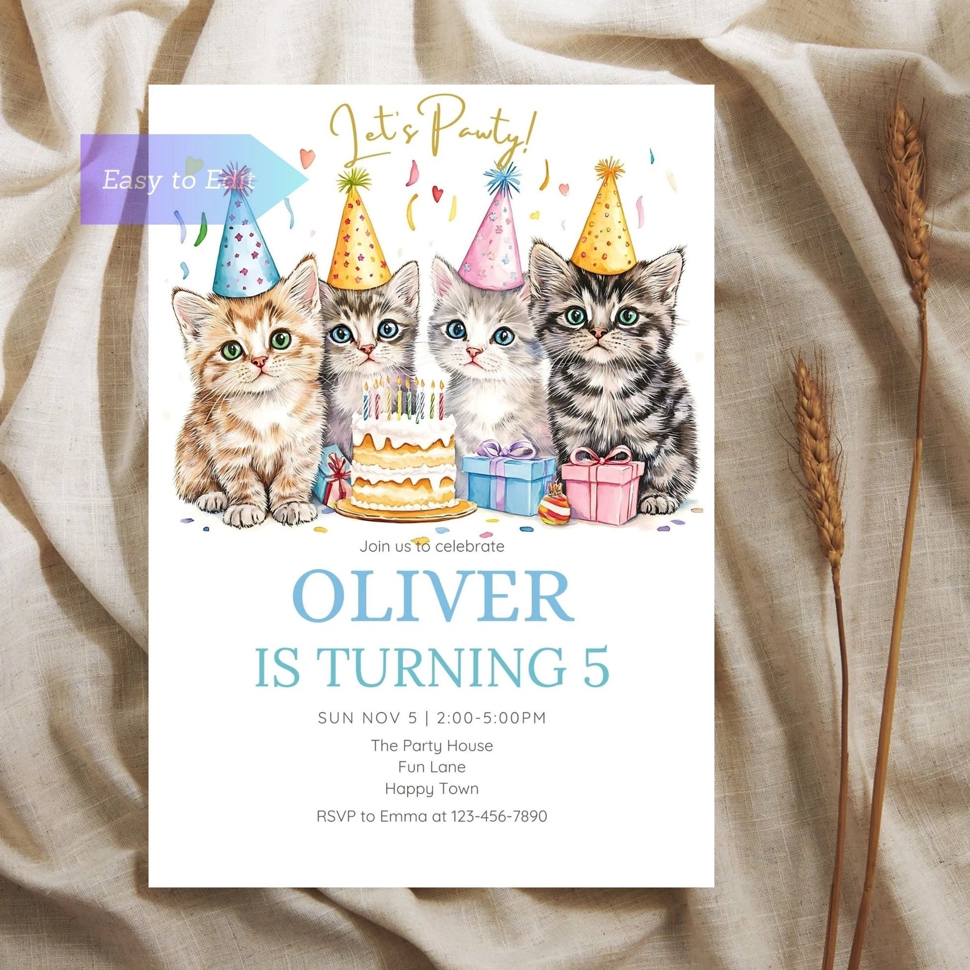 Kitty cat lover birthday party invitation, perfect for kids or adults.