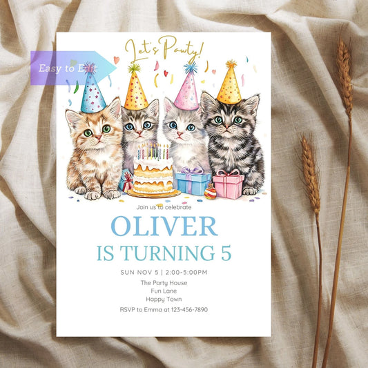Kitty cat lover birthday party invitation, perfect for kids or adults.