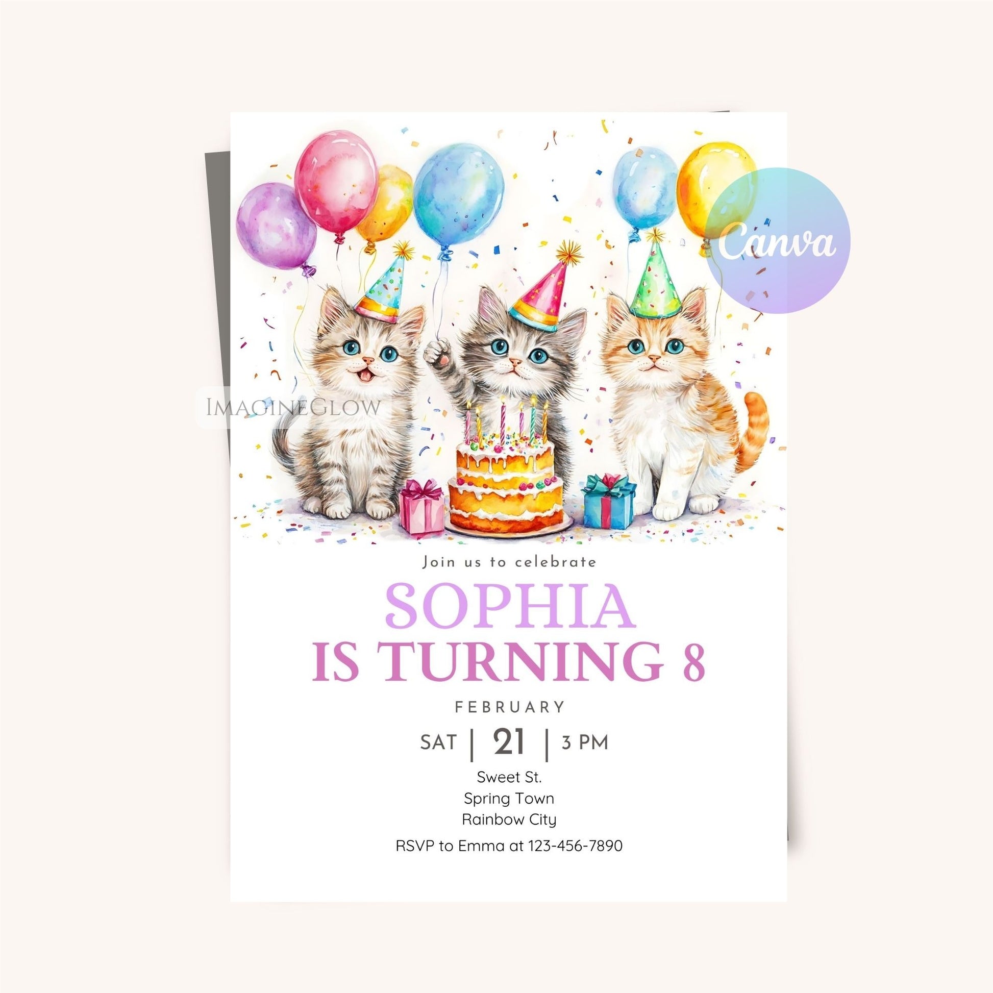 Cat lover birthday party invitation
Birthday invitation with cat and balloons