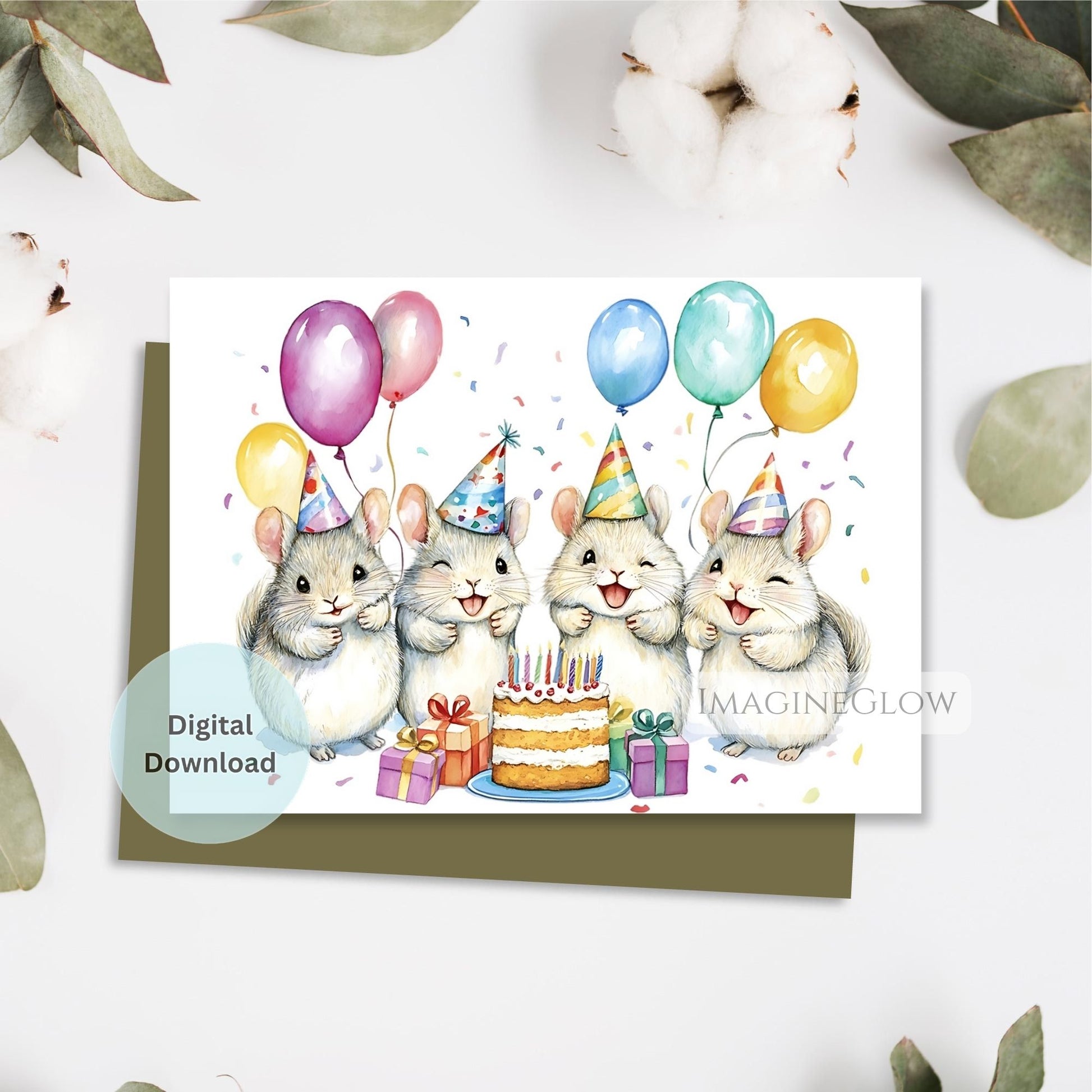 Birthday card with cartoon mice, balloons, and a cake on a white background.