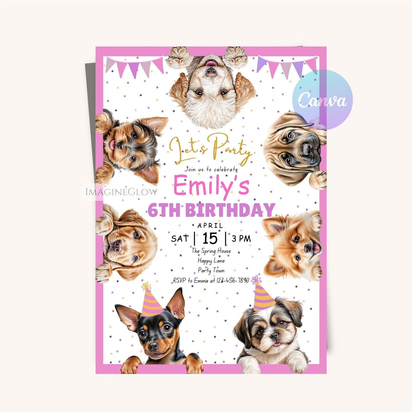 Fun dog-themed party invite for puppy celebrations.