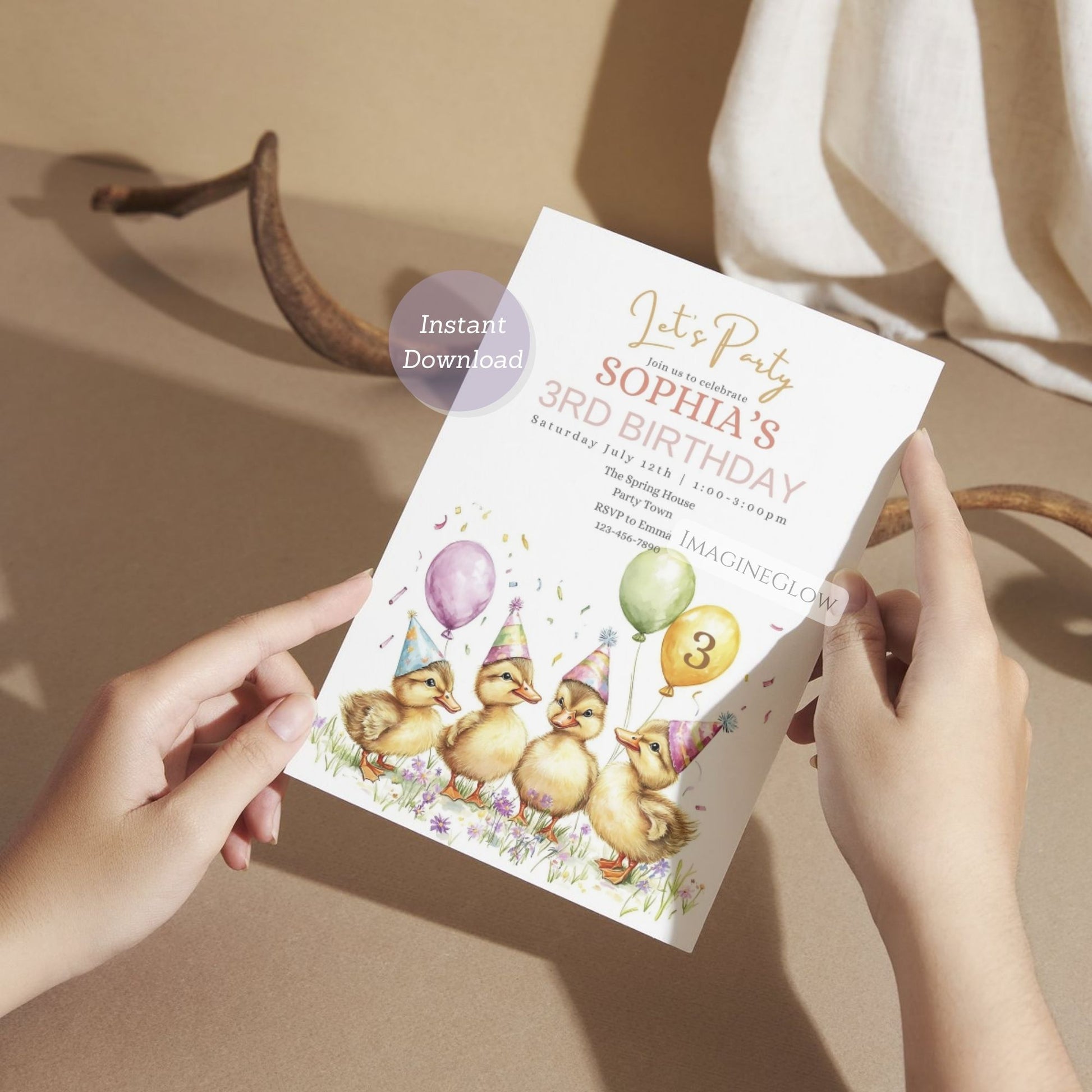 Cute duckling floral themed birthday invitation editable