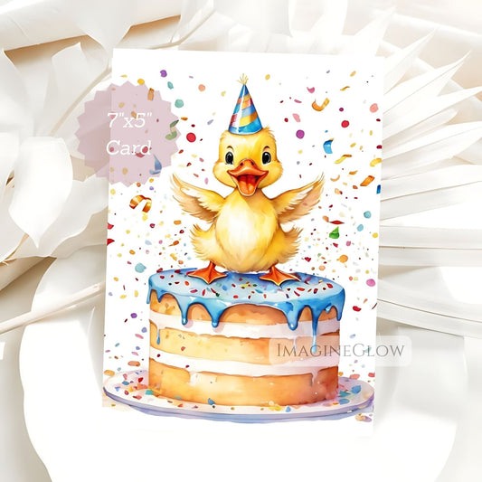 Card with a cartoon duck on a birthday cake, surrounded by confetti, on a white background.