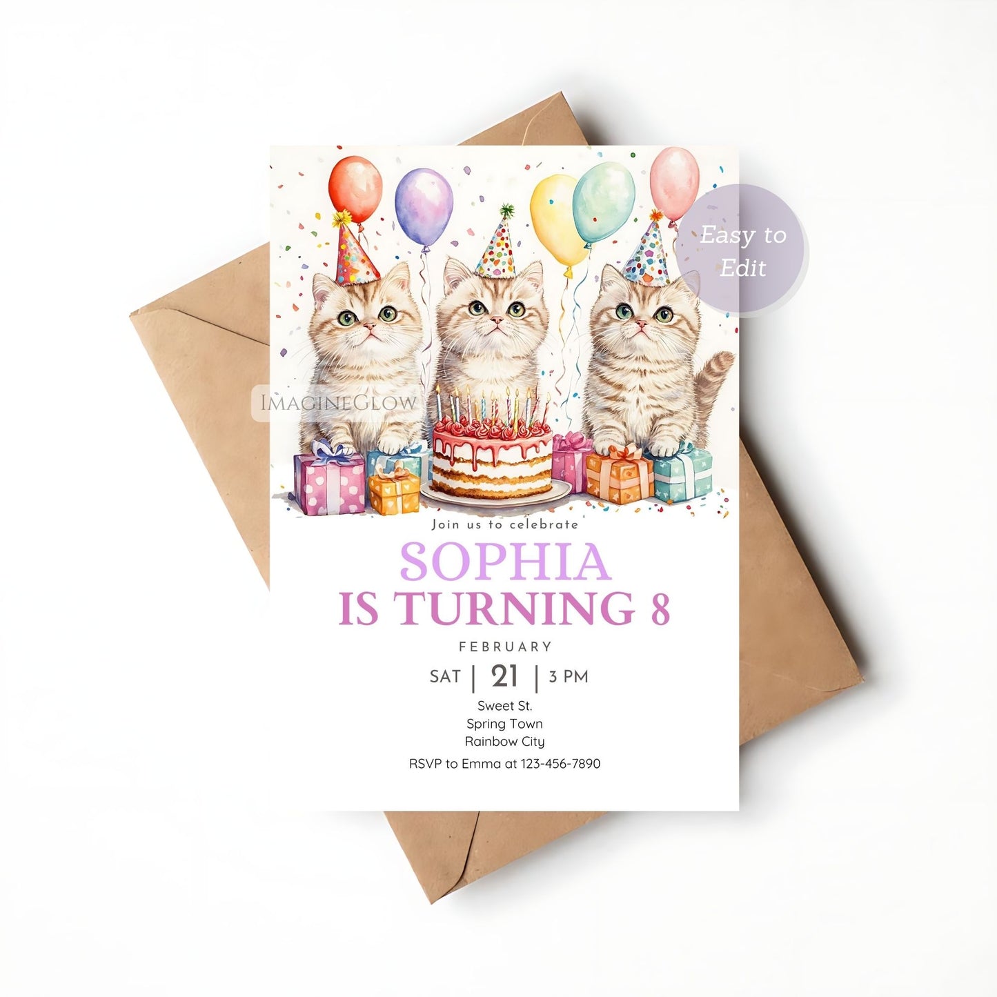 Adorable cat-themed birthday party invitation card