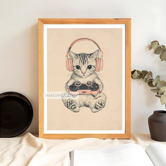 Pink gamer cat wall art with headphones