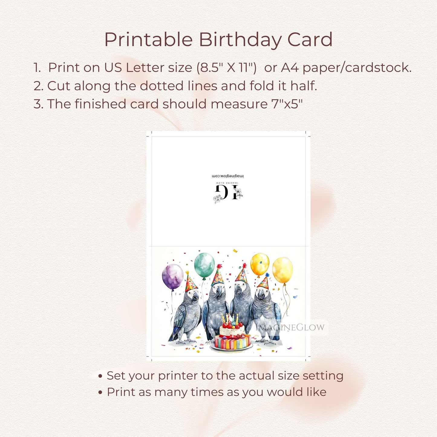 cheerful bird birthday card
printable parrot card
adorable grey parrot card
whimsical birthday card