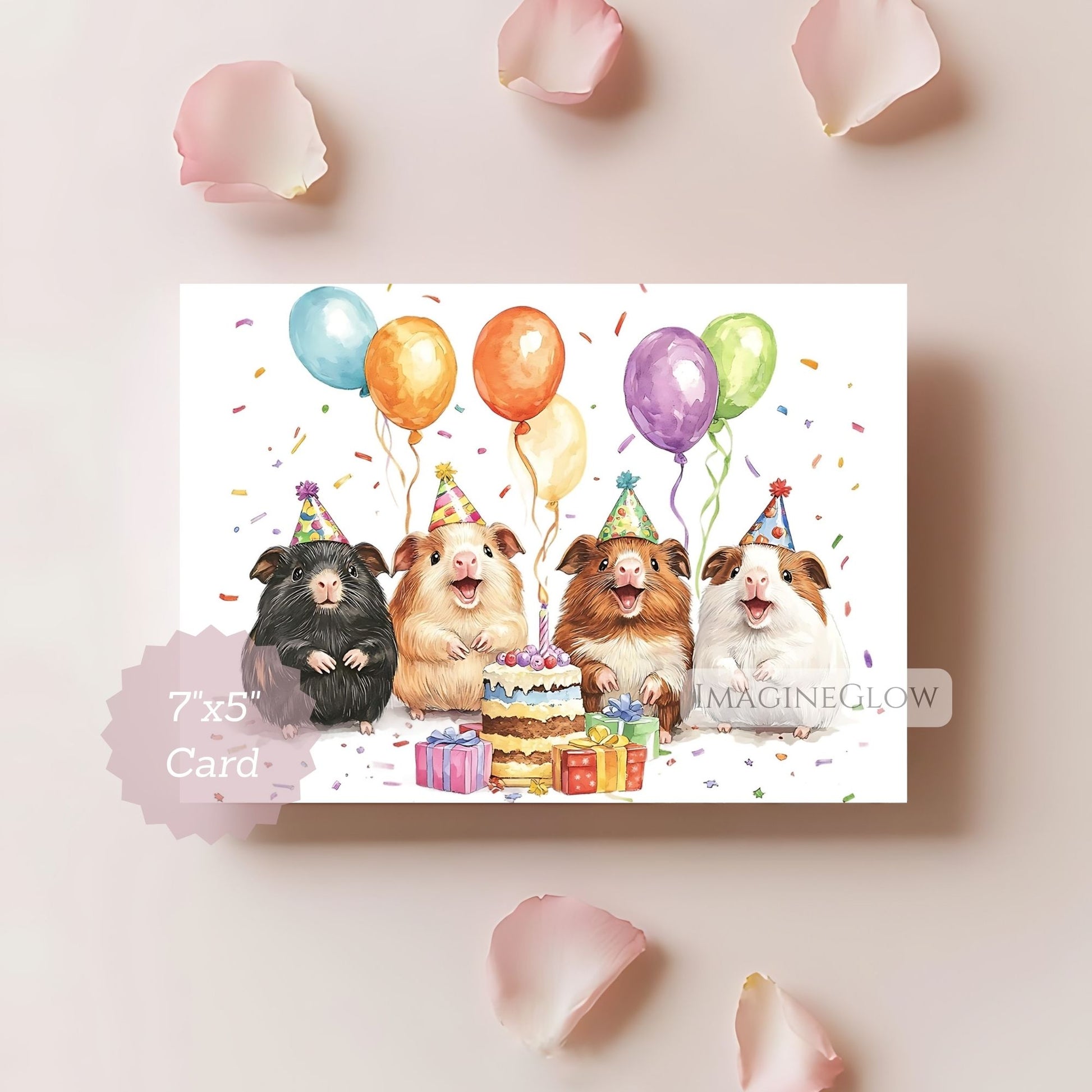 Birthday card with cartoon guinea pigs and balloons on a light pink background