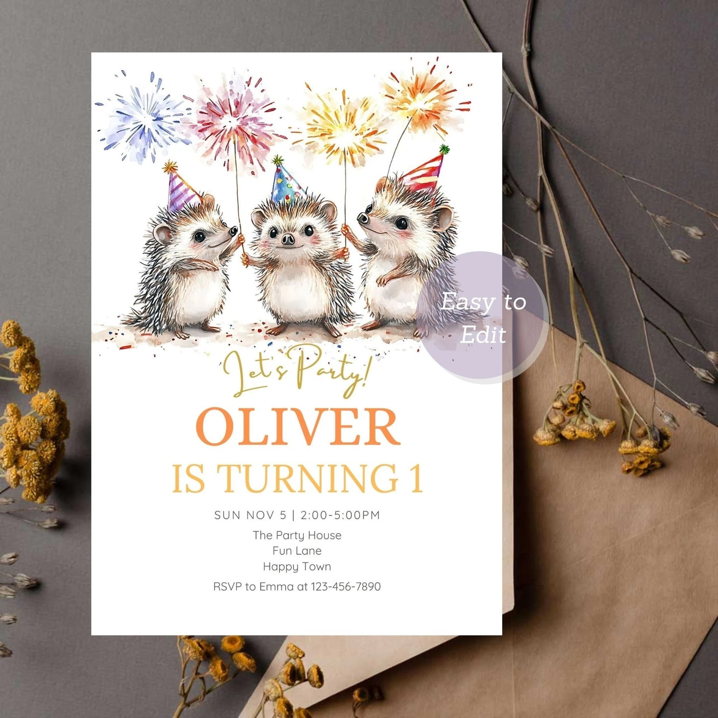 Personalized hedgehog party invite for a forest animal celebration.