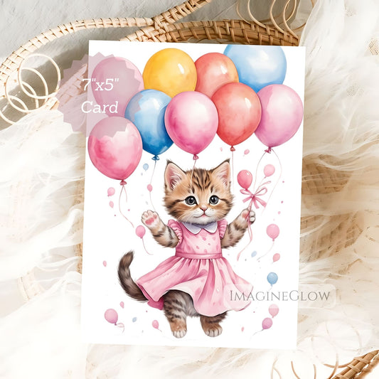 Card with a kitten in a pink dress holding balloons on a white background