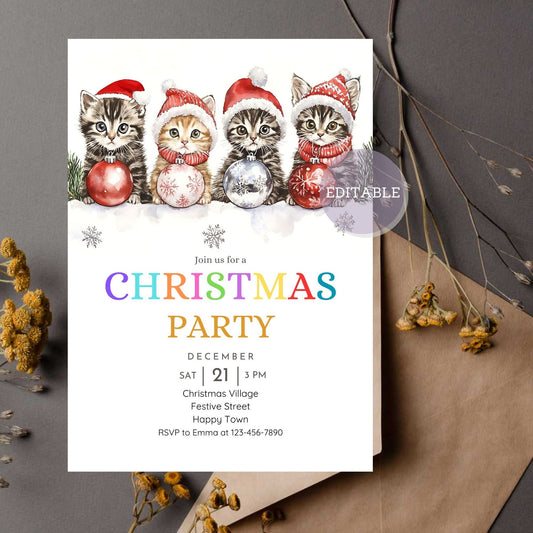Cute kittens Christmas party invitation with festive holiday design.
