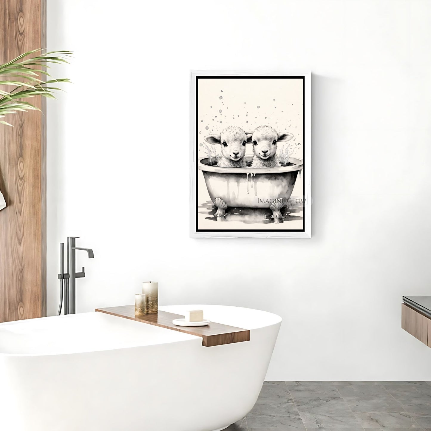 Rustic farmhouse bath print with two lambs in a tub