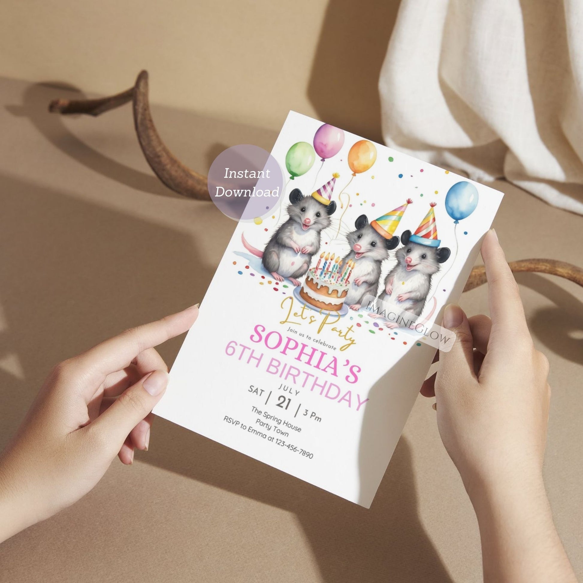 cute opossum party invitation for kids