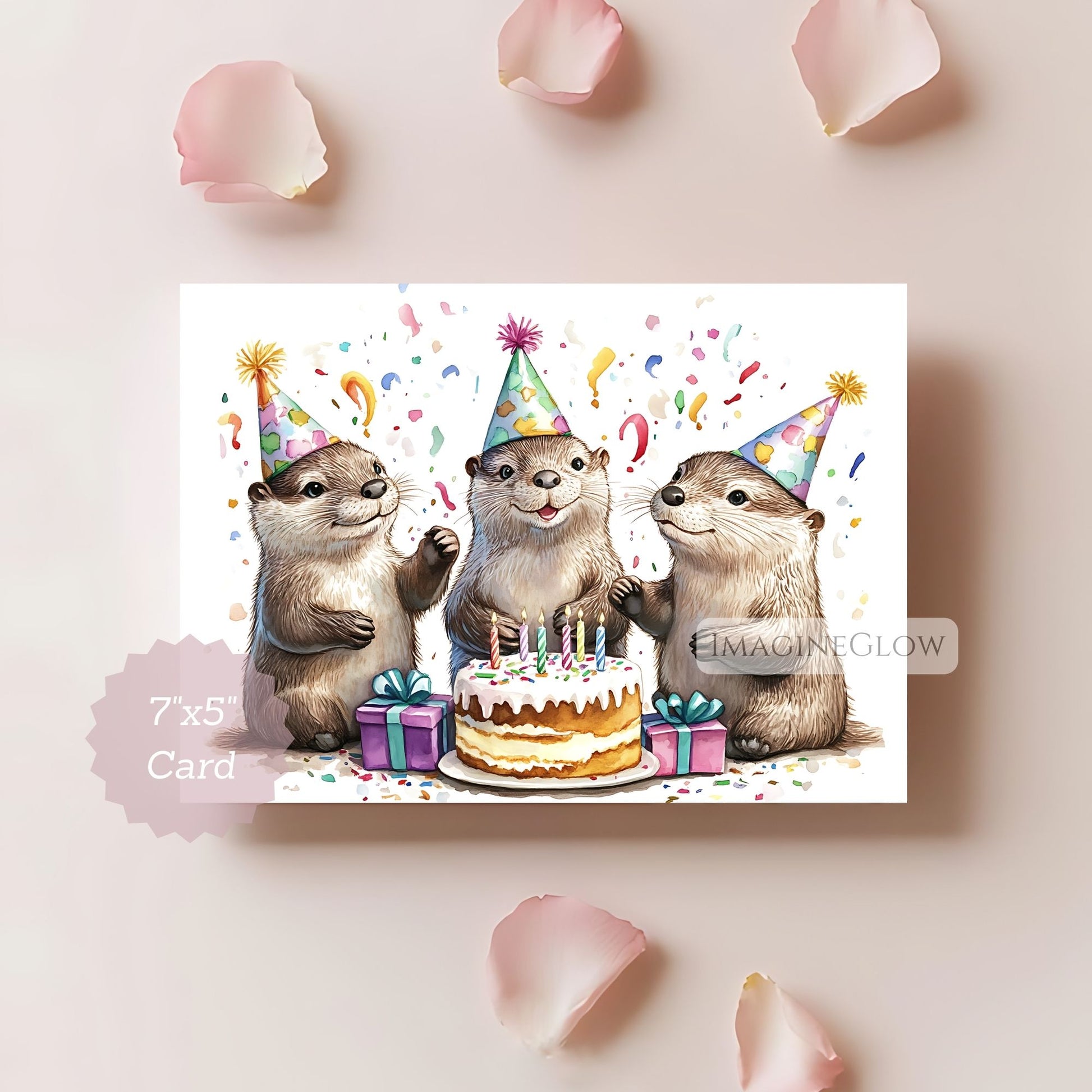 Birthday card with cartoon otters celebrating a cake
