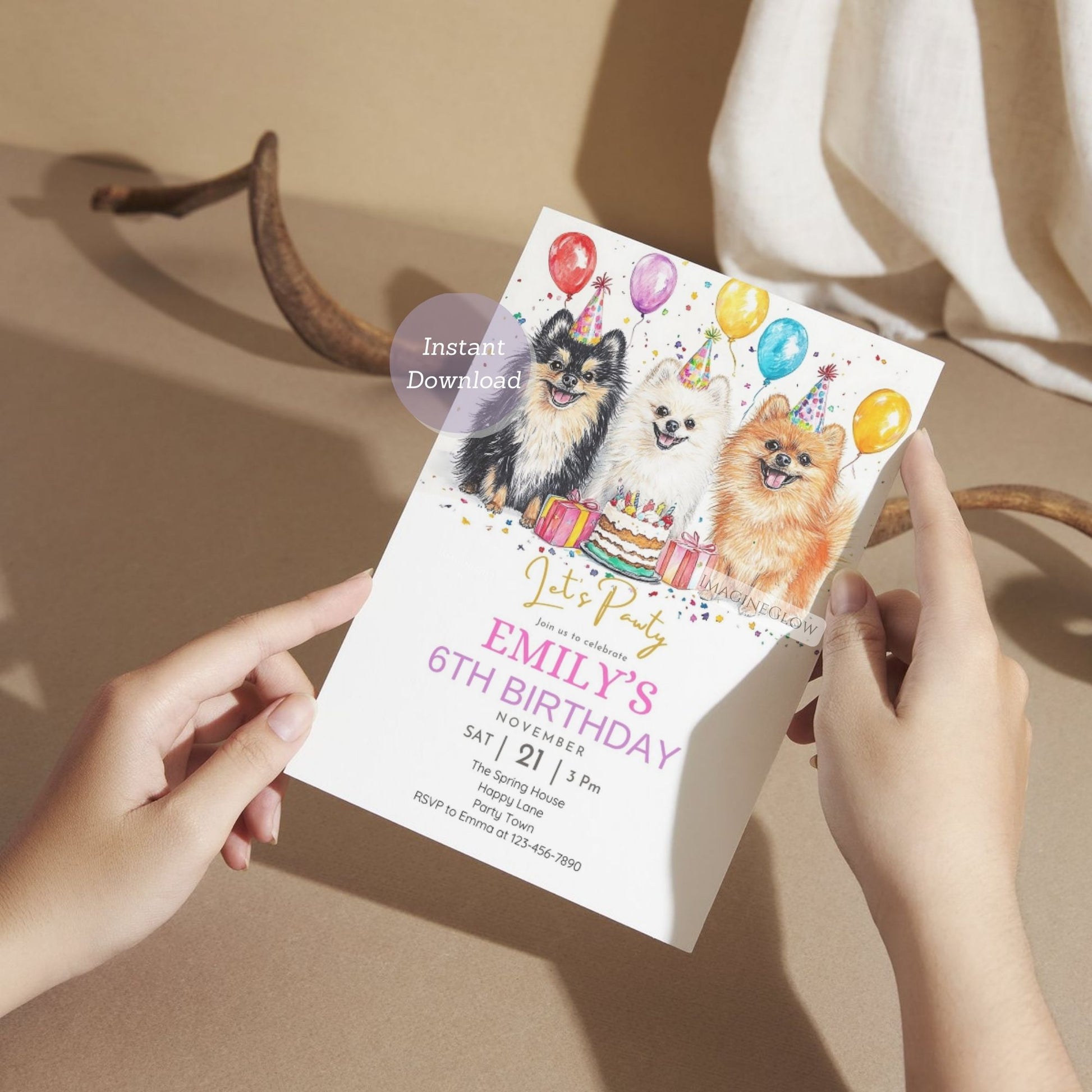 Printable Pomeranian dog birthday invitation