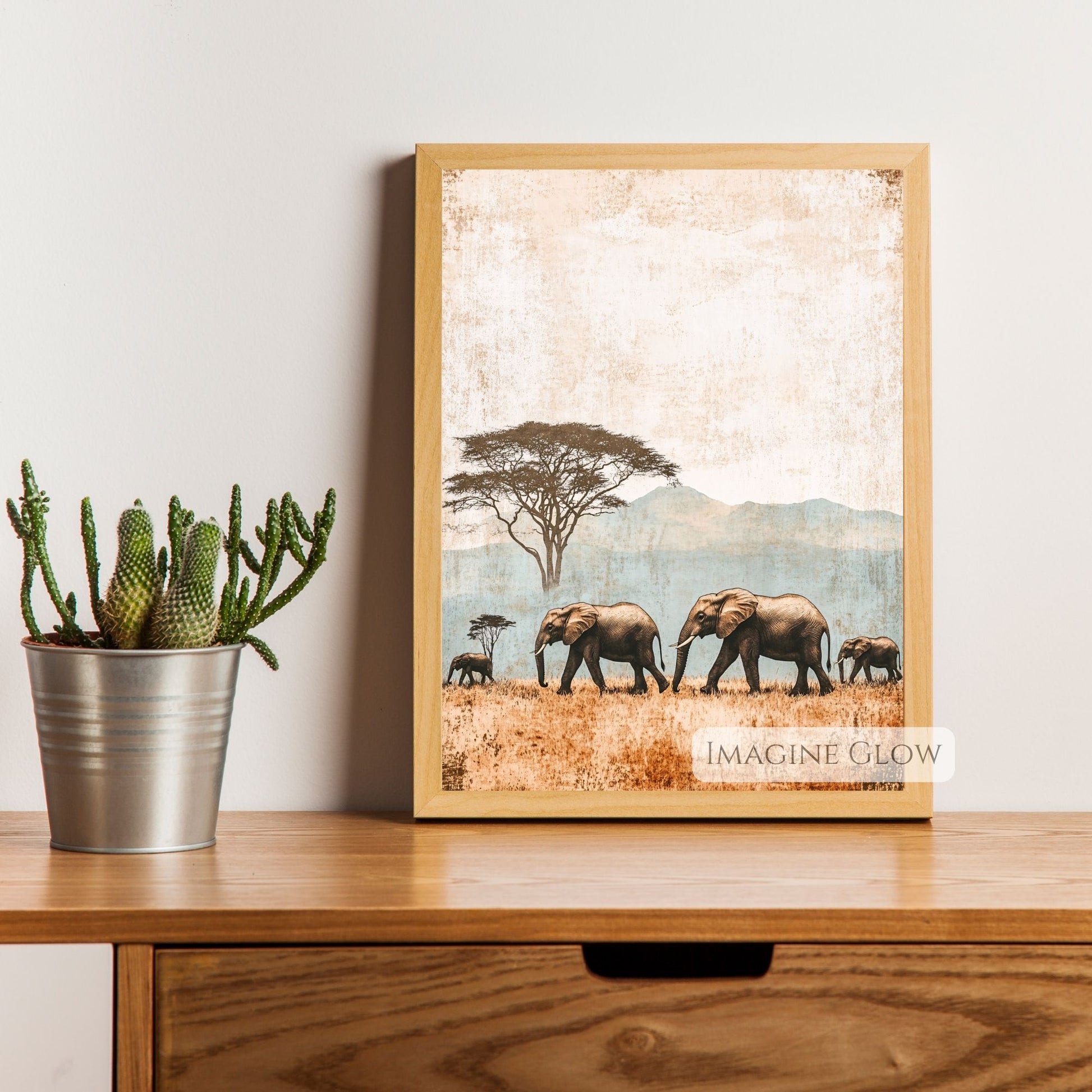 Family of elephants savanna artwork, rustic safari print.