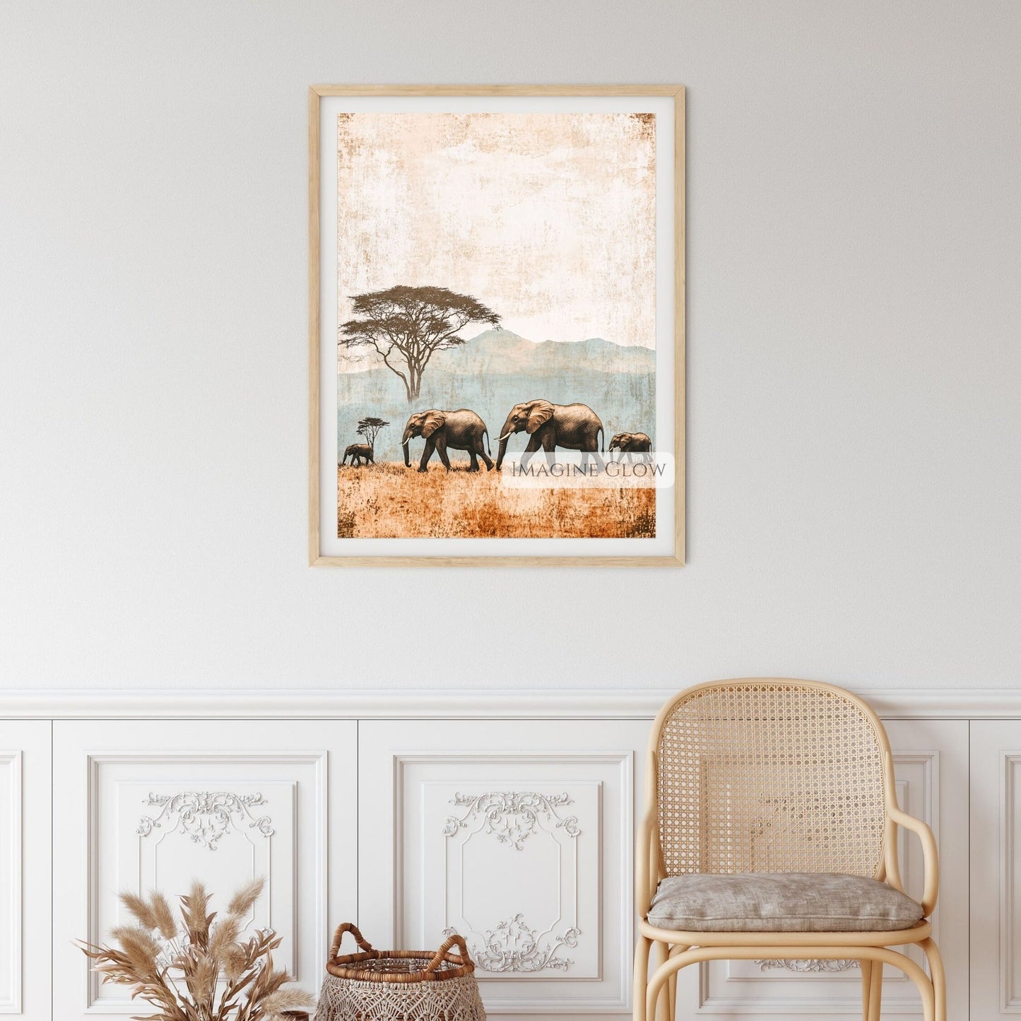 African elephant family in the savanna digital art.