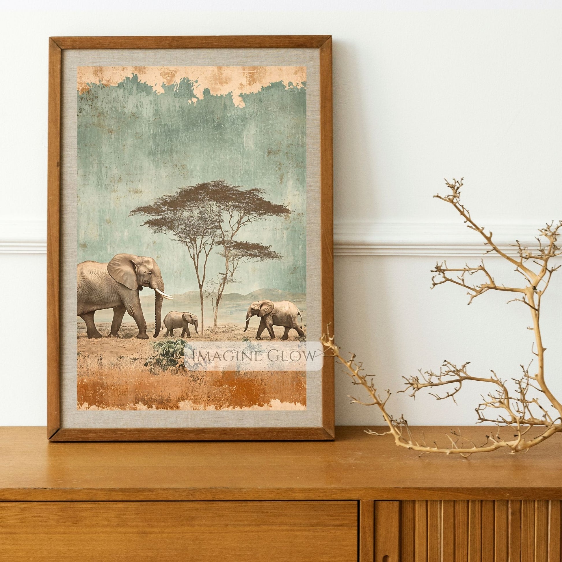 Vintage elephant family art with safari decor style.