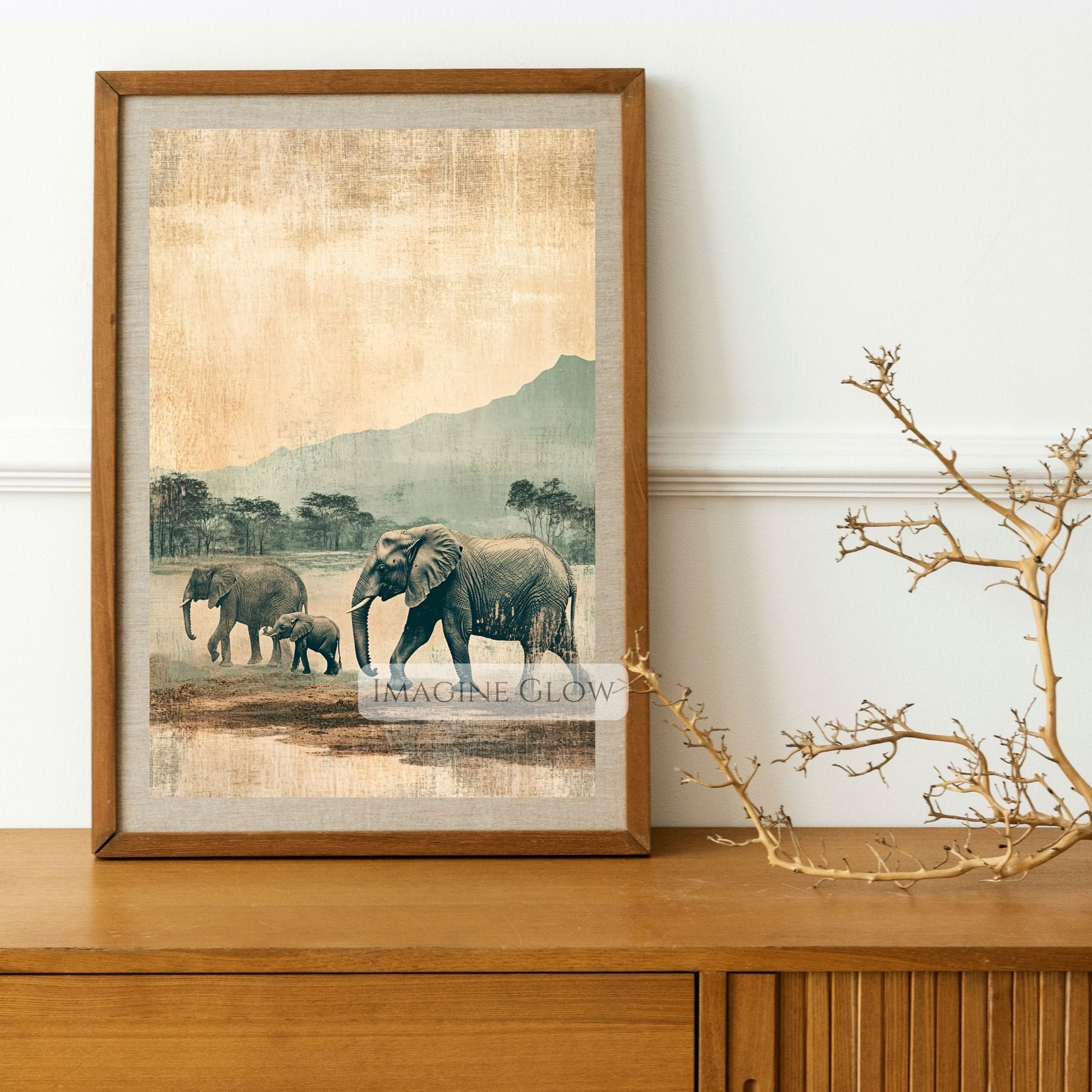 Elephant family walking through the savanna vintage print.