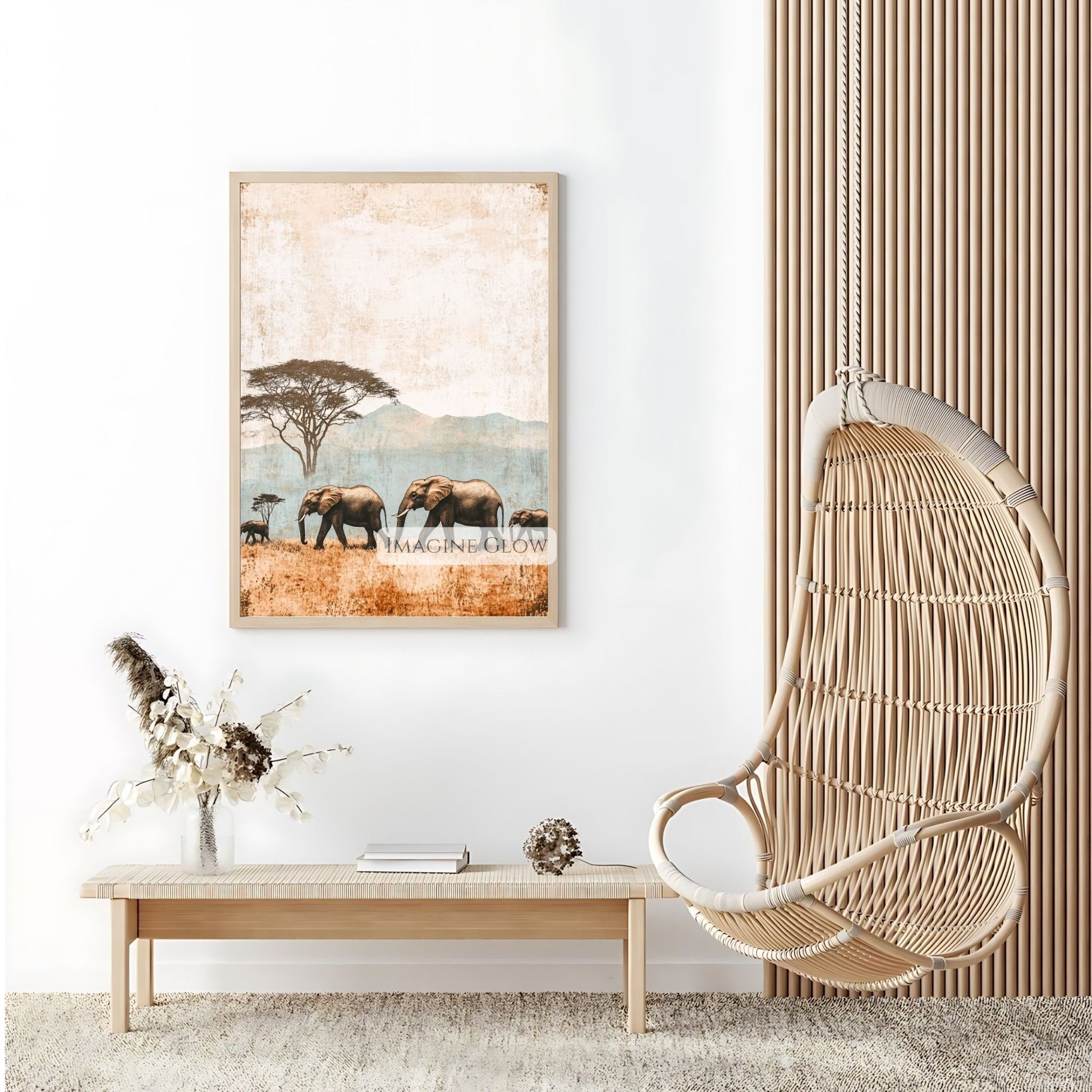 Antique style safari art of elephants in the wild.