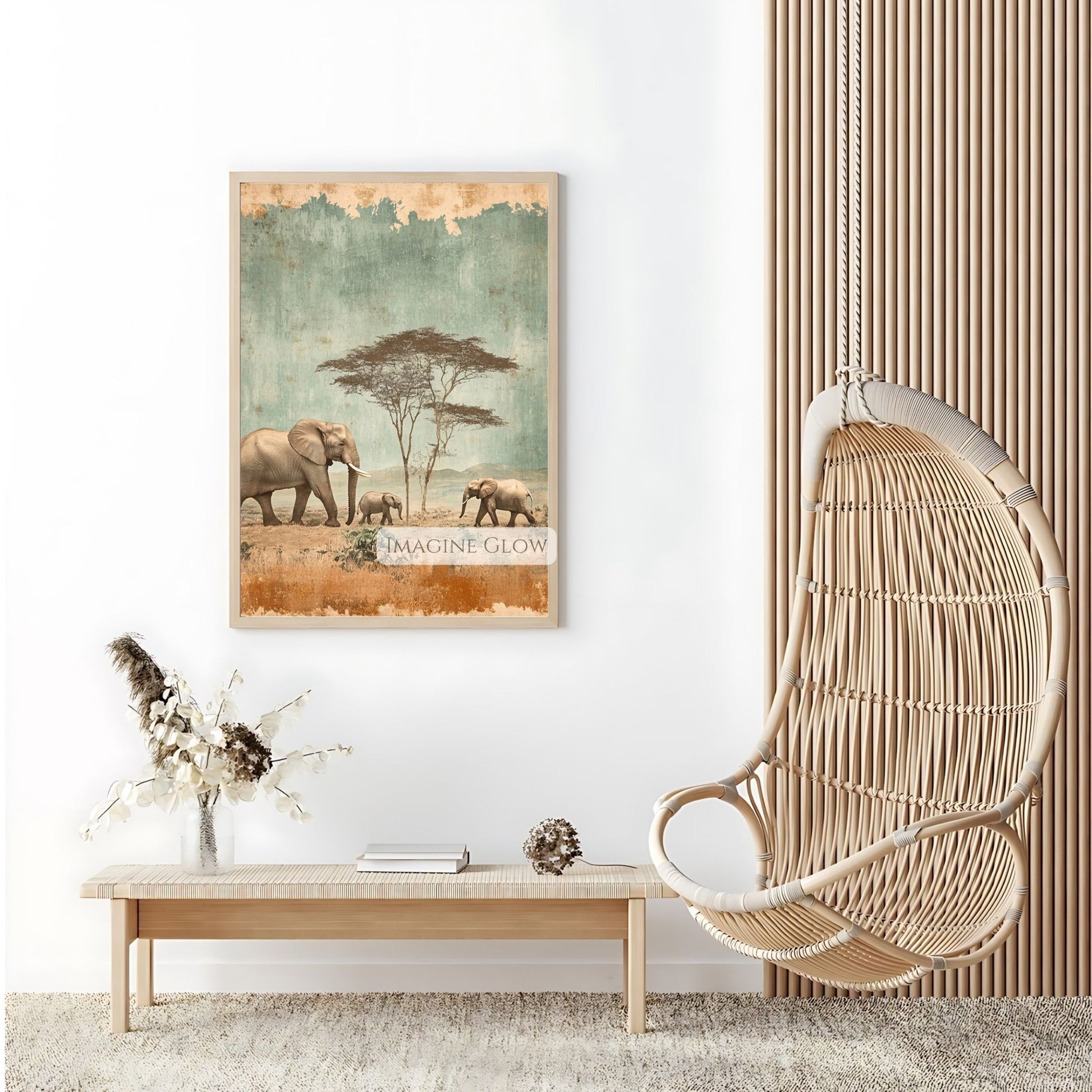 Majestic elephant family in an antique savanna scene.