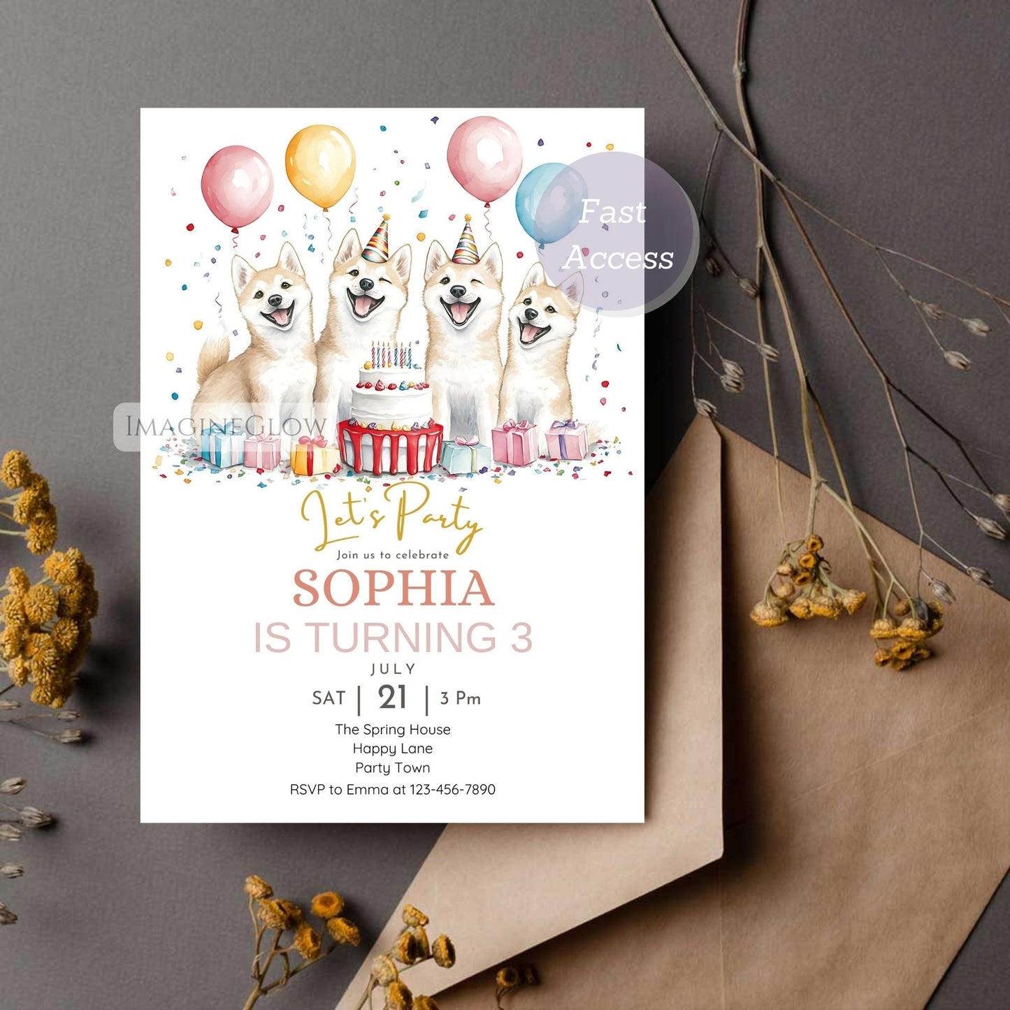 Dog themed Akita party invitation template
