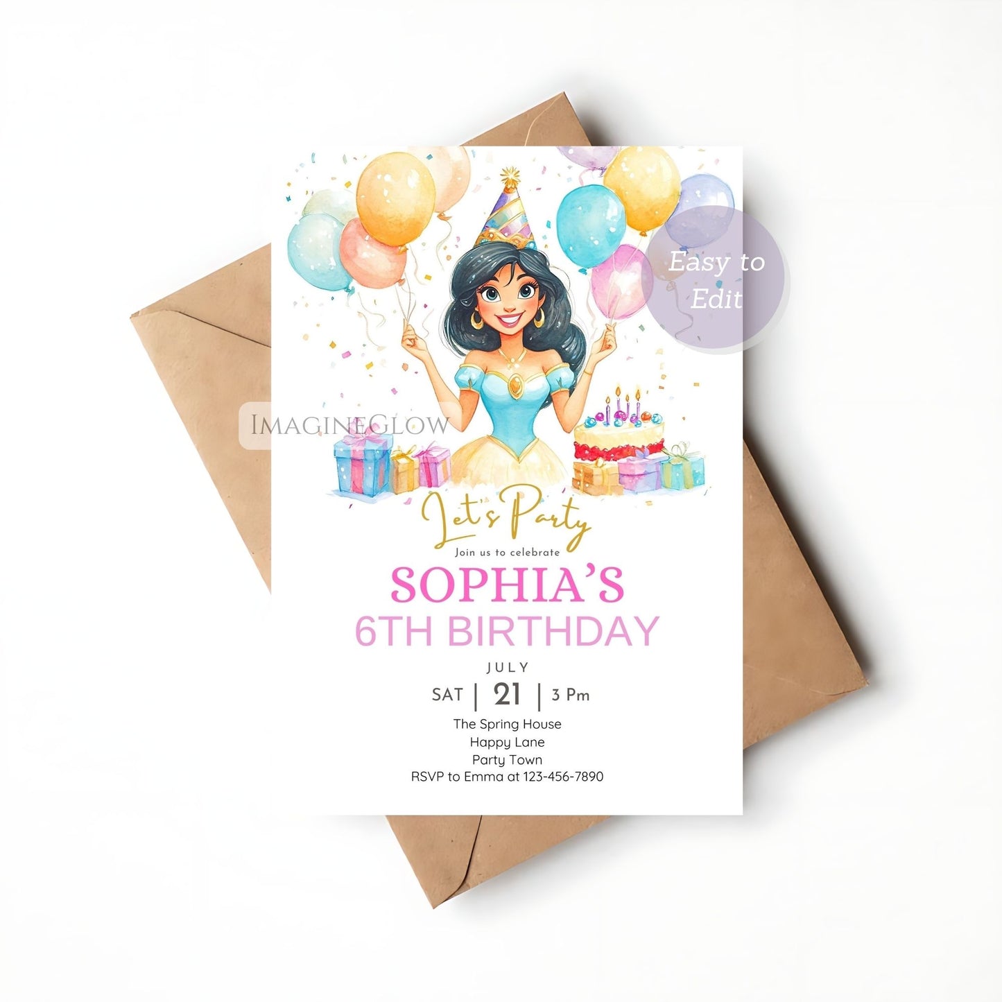 Editable Princess Jasmine birthday invitation template