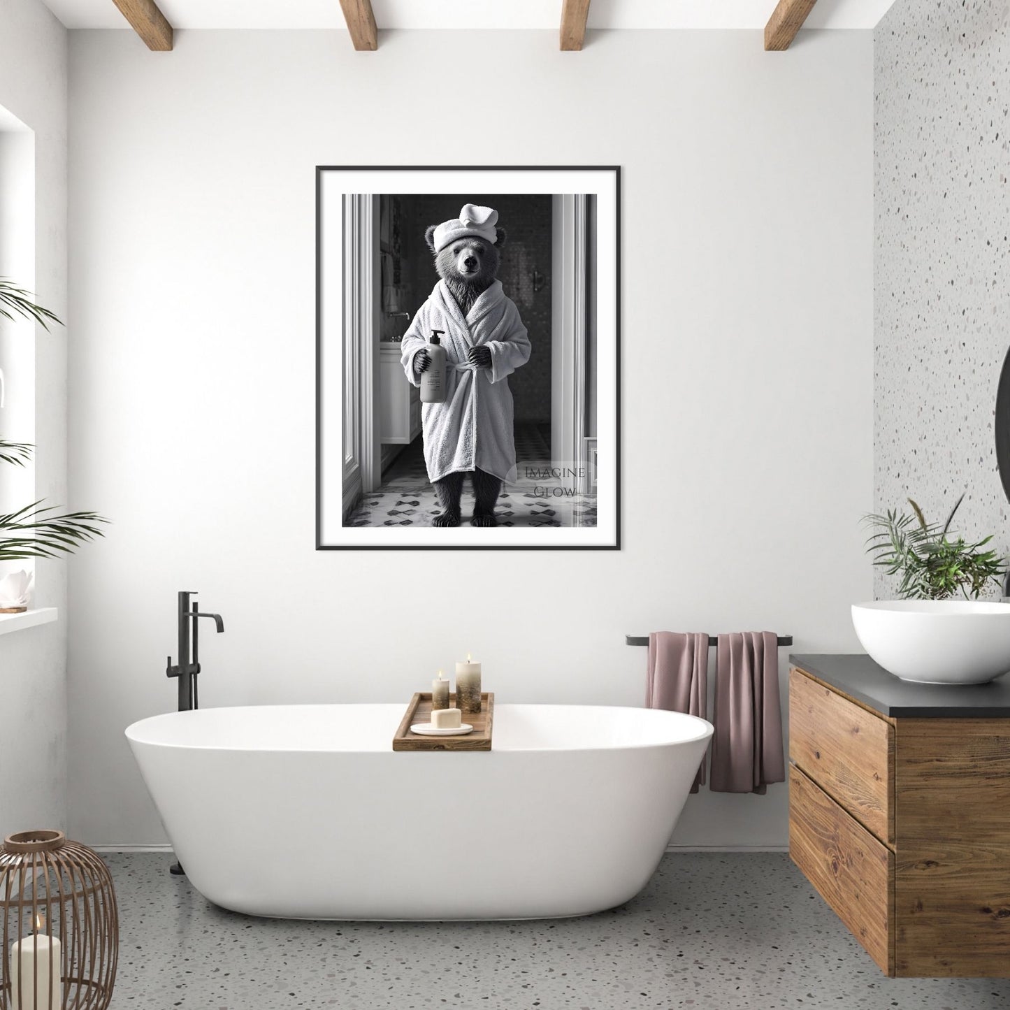 Black and white bear bathroom wall art print