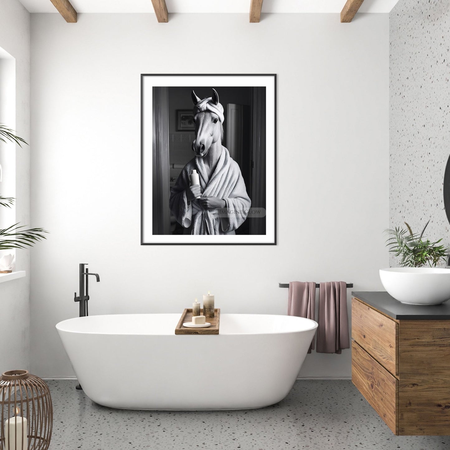 Animal bathroom print featuring horse in bathrobe