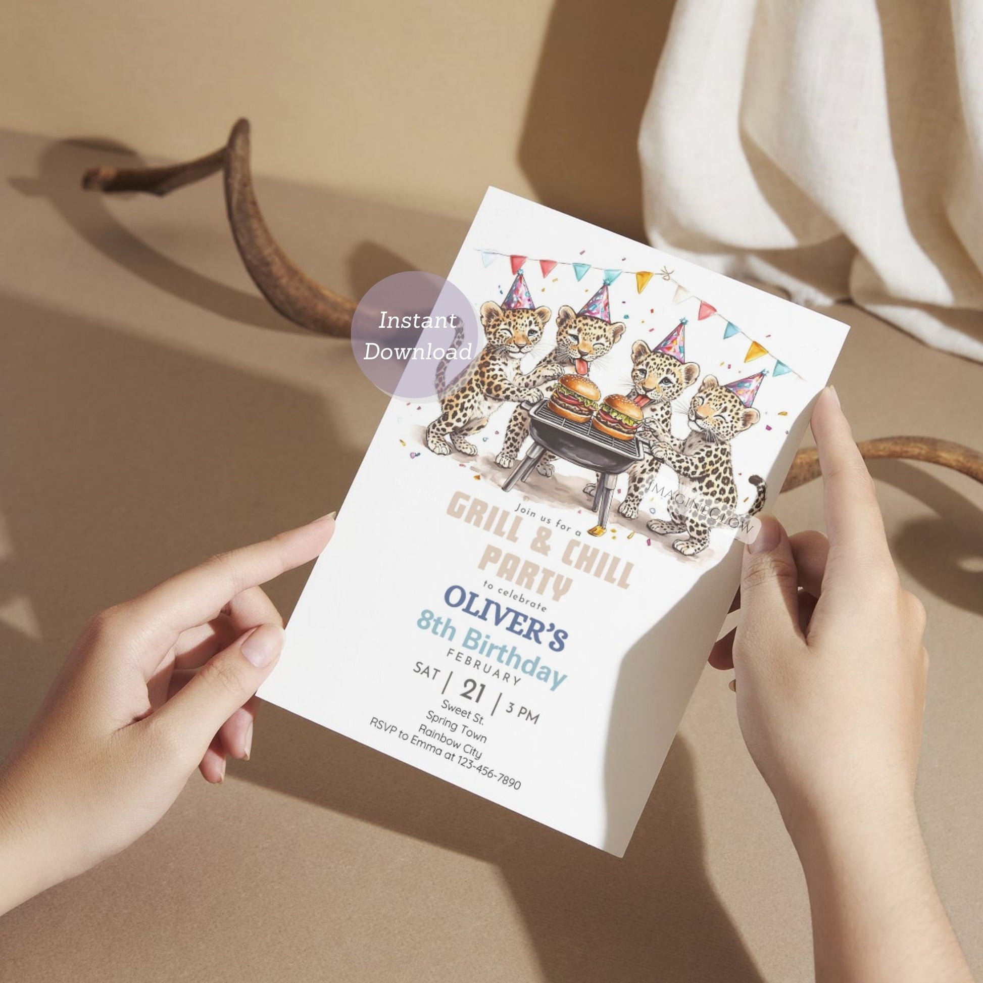 Customizable leopard birthday card for backyard cookouts.