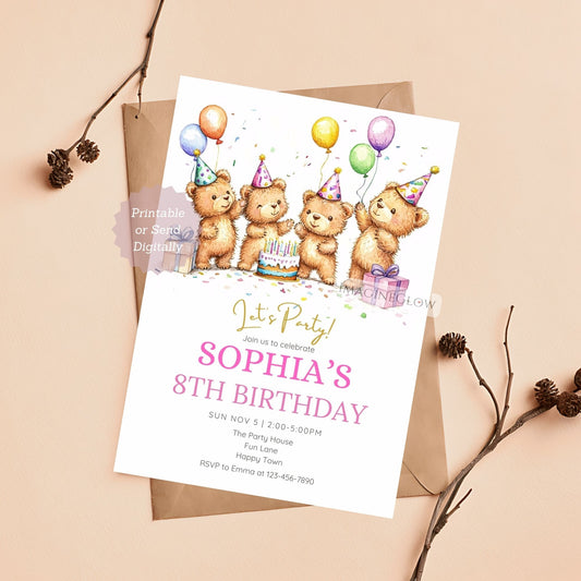 Cute bear birthday invitation with playful design.