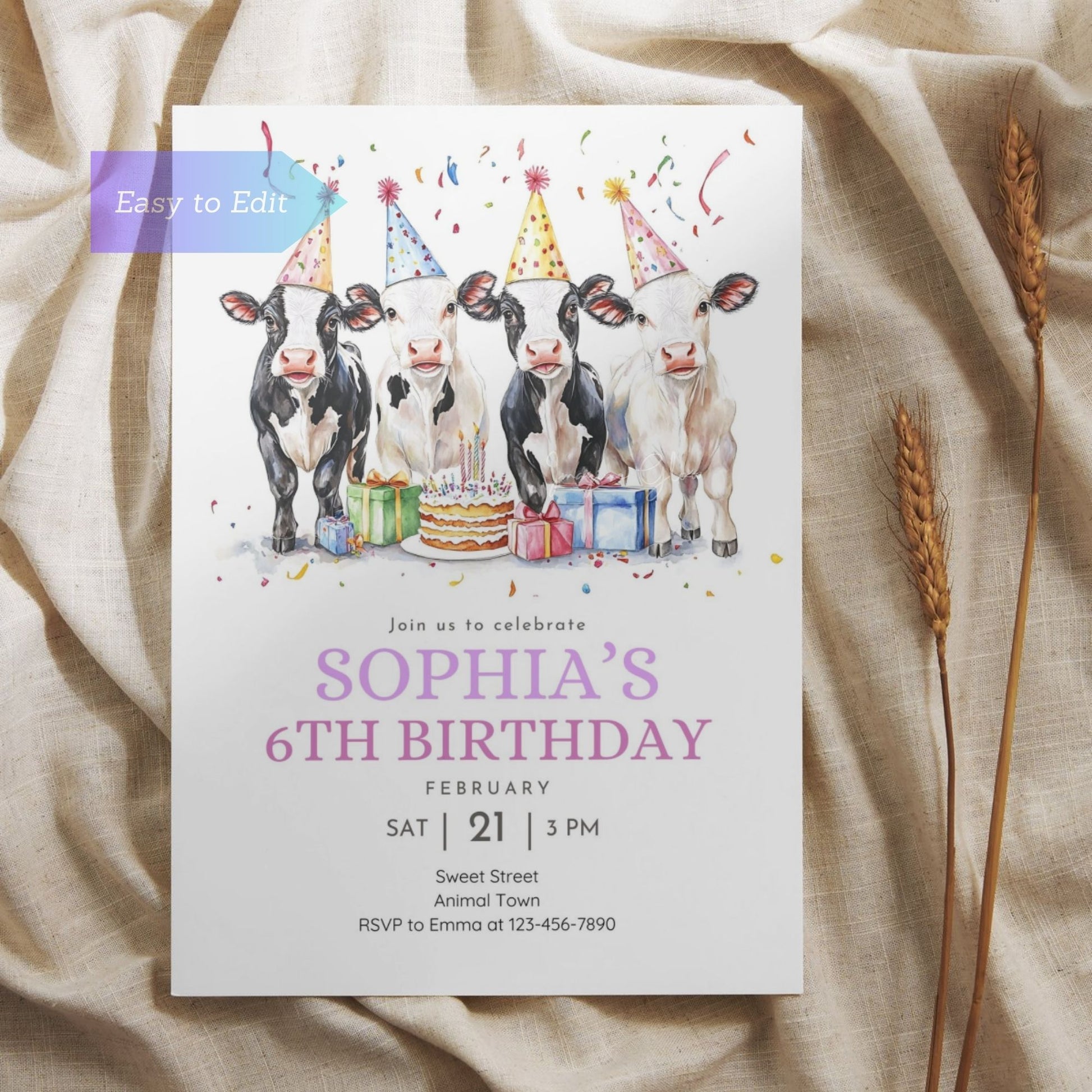 Cute cow design farm theme party invitation for kids.