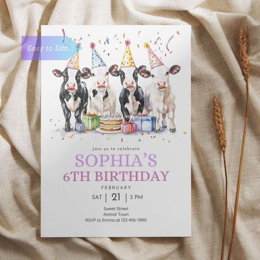 Cute cow design farm theme party invitation for kids.